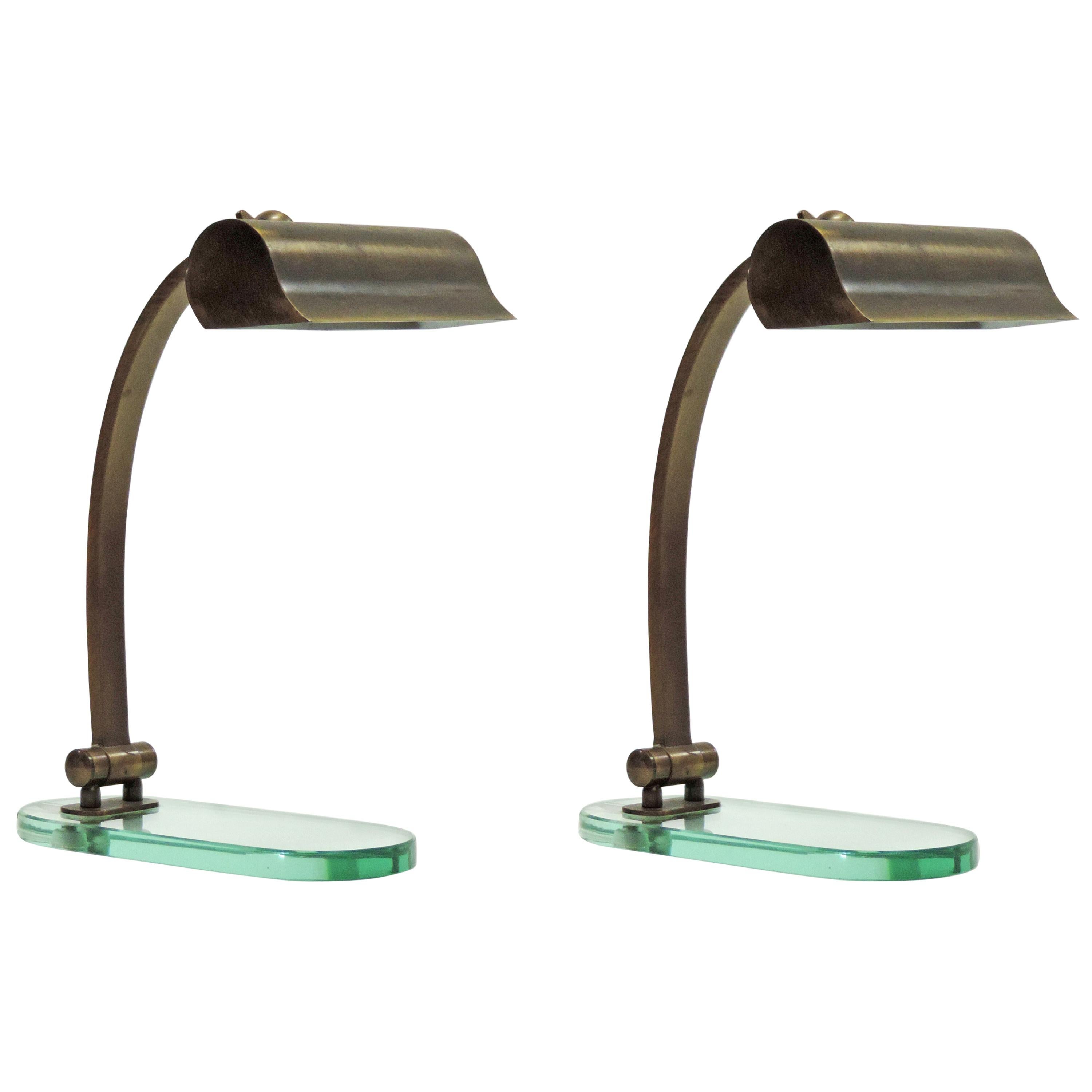 Pair of Italian Adjustable Table Lamps by Lumen in Brass and Glass, Italy, 1950s For Sale