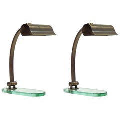 Pair of Italian Adjustable Table Lamps by Lumen in Brass and Glass, Italy, 1950s