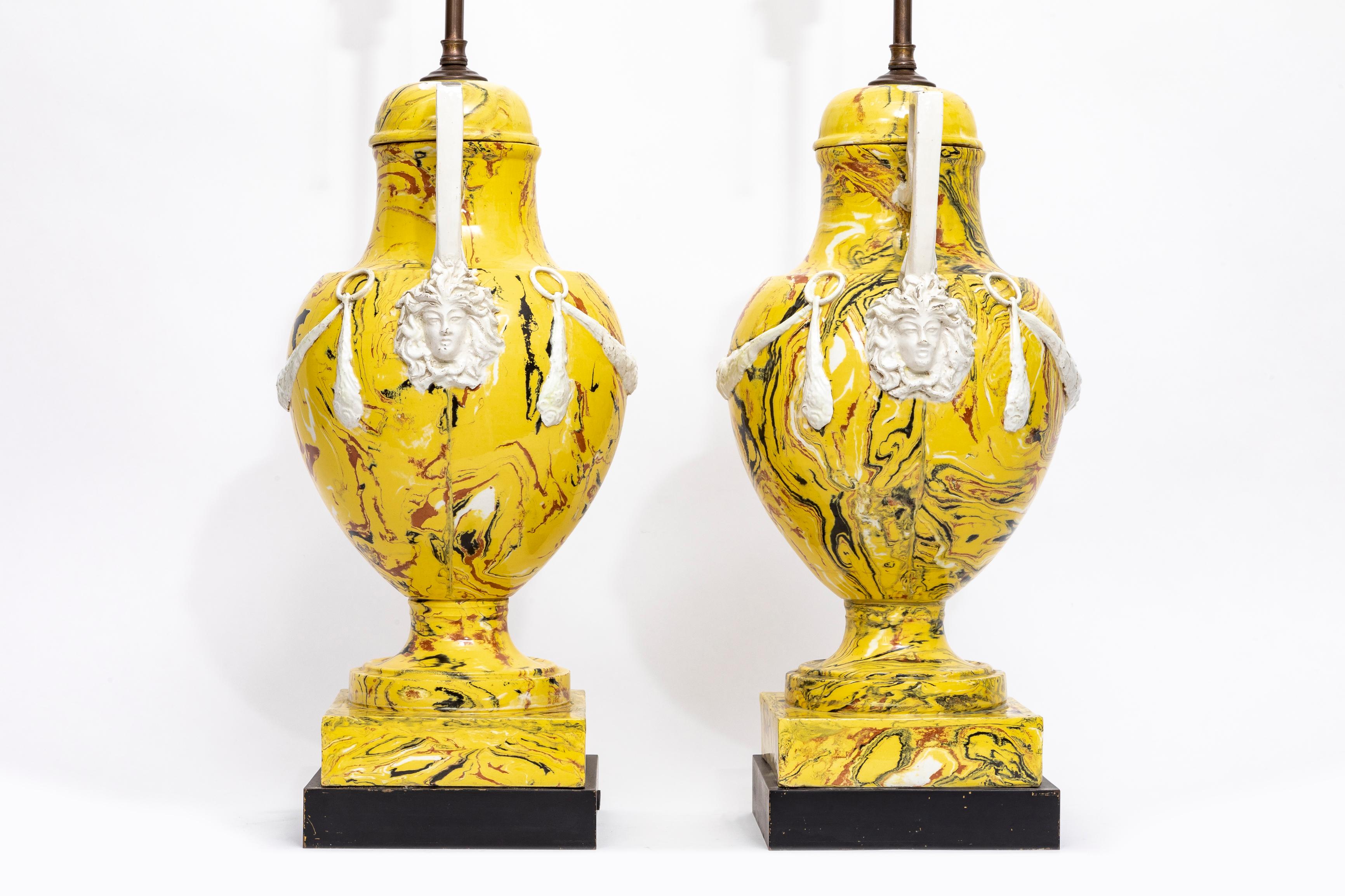 Hand-Painted Pair of Italian Agateware Porcelain Lamps with Medusa Masks, Wreaths, & Handles For Sale