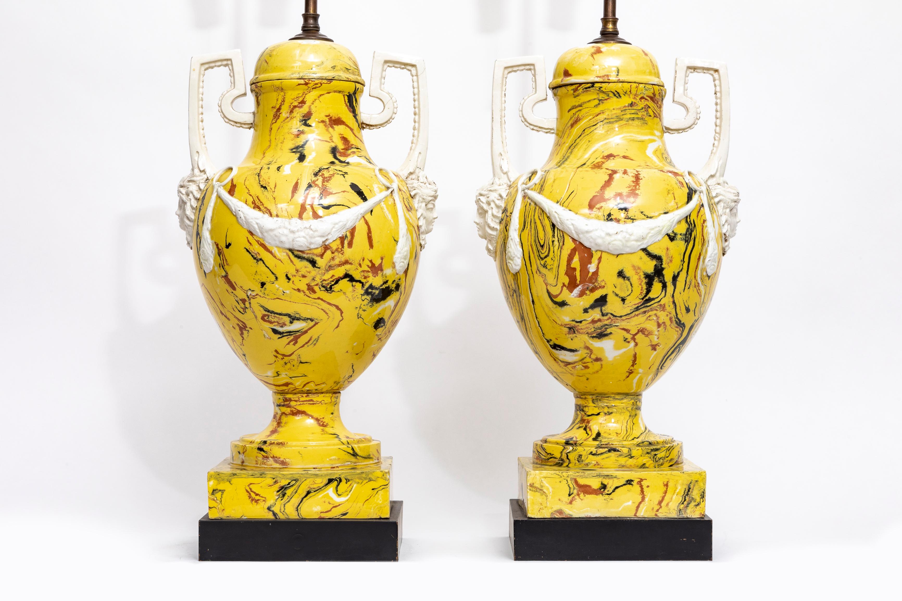 Pair of Italian Agateware Porcelain Lamps with Medusa Masks, Wreaths, & Handles In Good Condition For Sale In New York, NY