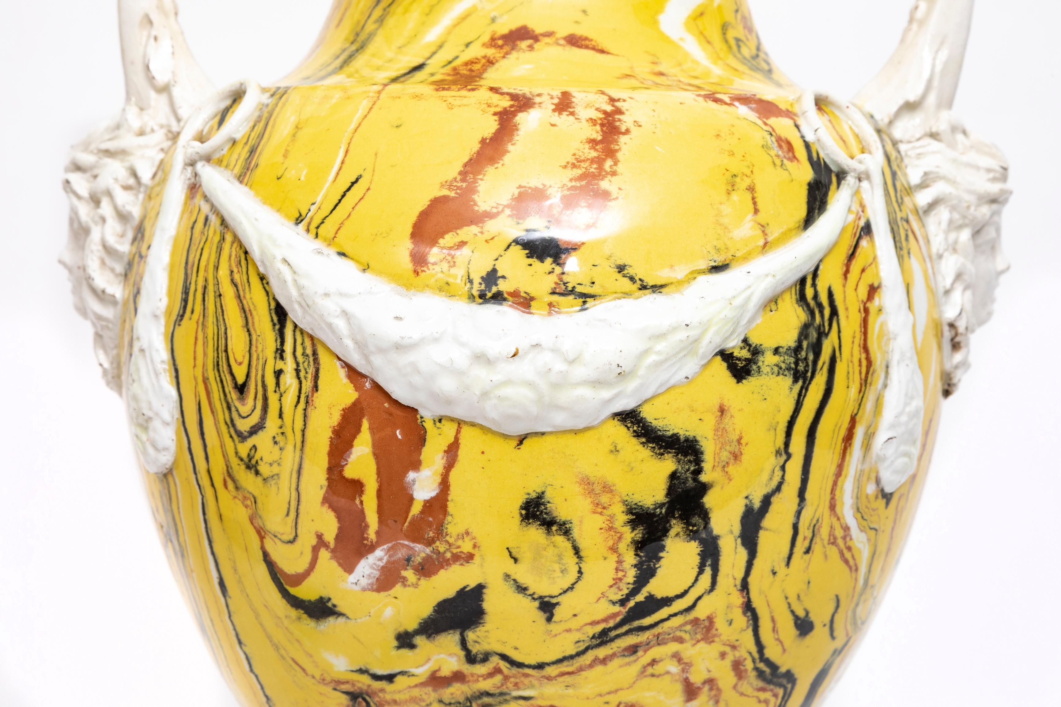 Pair of Italian Agateware Porcelain Lamps with Medusa Masks, Wreaths, & Handles For Sale 1