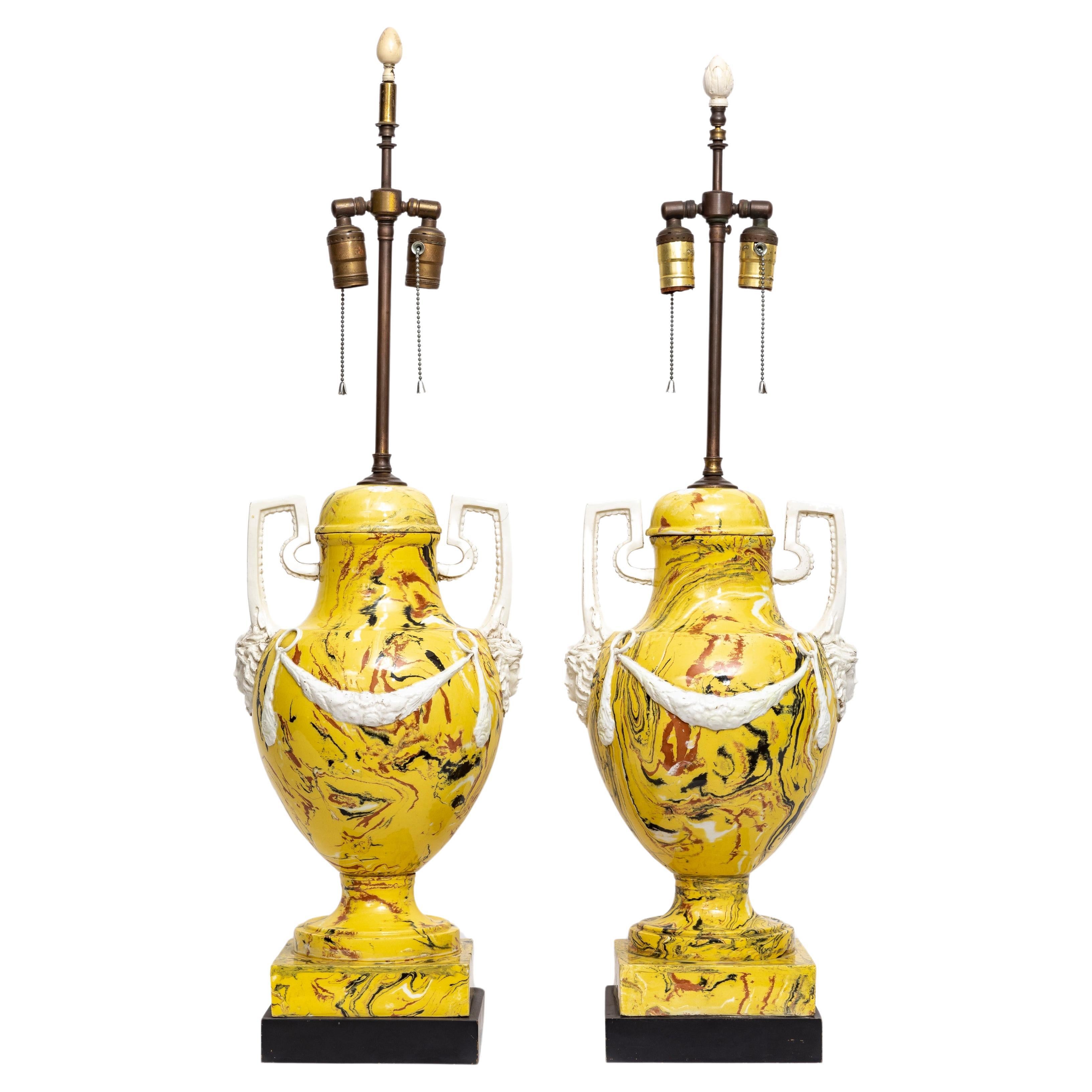 Pair of Italian Agateware Porcelain Lamps with Medusa Masks, Wreaths, & Handles For Sale