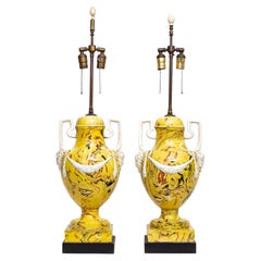 Pair of Italian Agateware Porcelain Lamps with Medusa Masks, Wreaths, & Handles