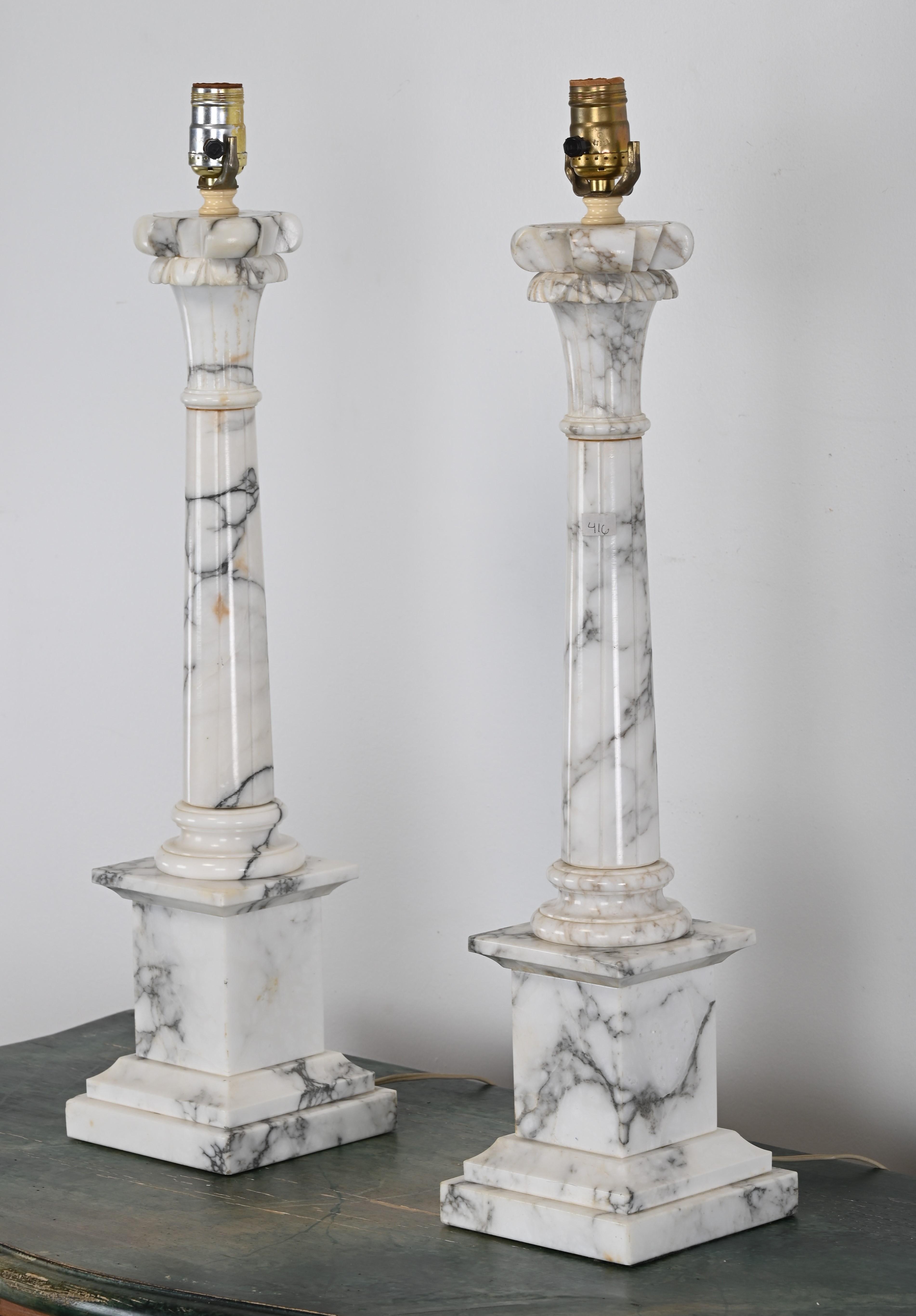 Mid-20th Century Pair of Italian Alabaster Column Lamps, 1960s
