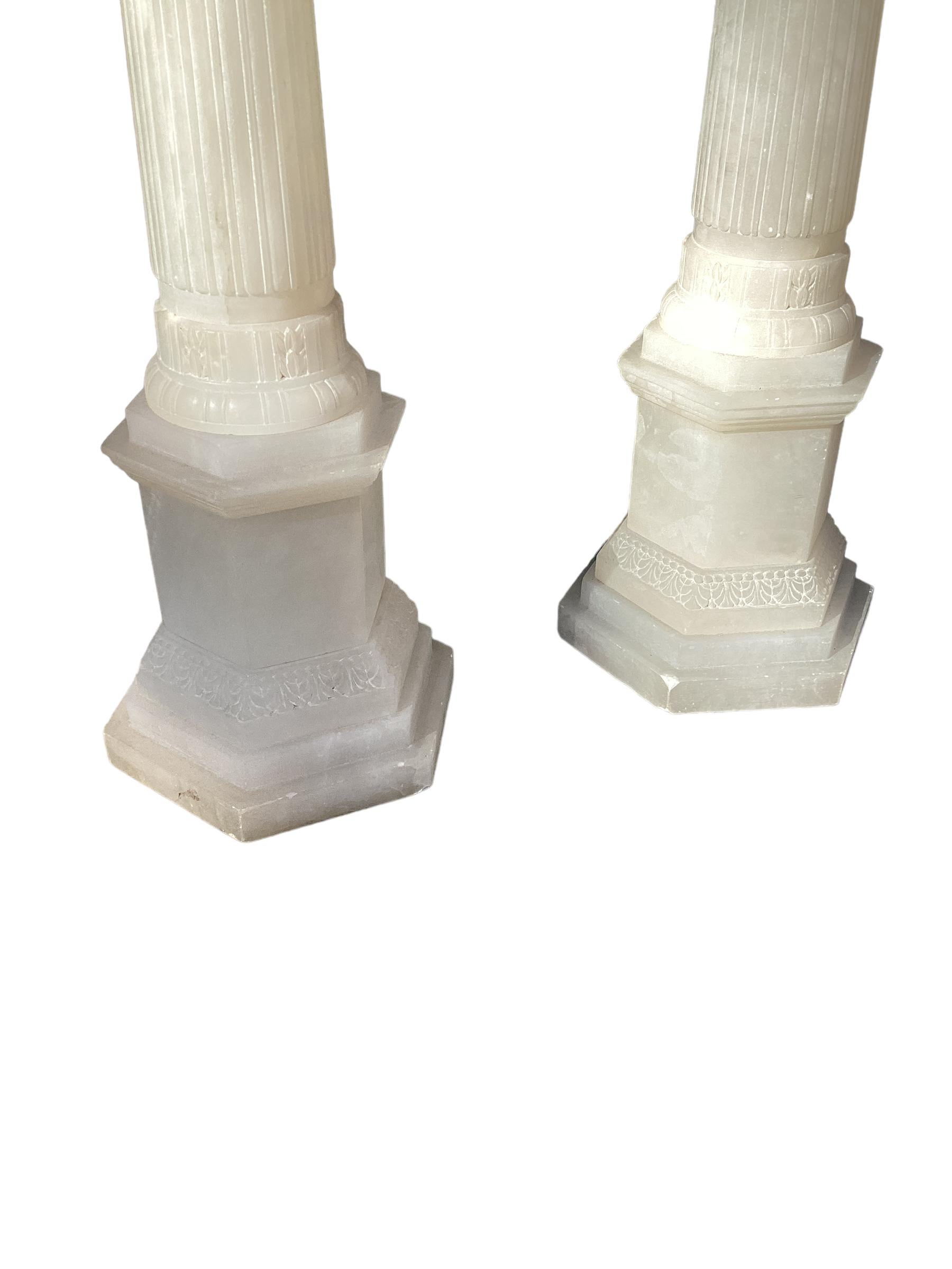 Early 20th Century Pair of Italian Alabaster Column Lamps  For Sale