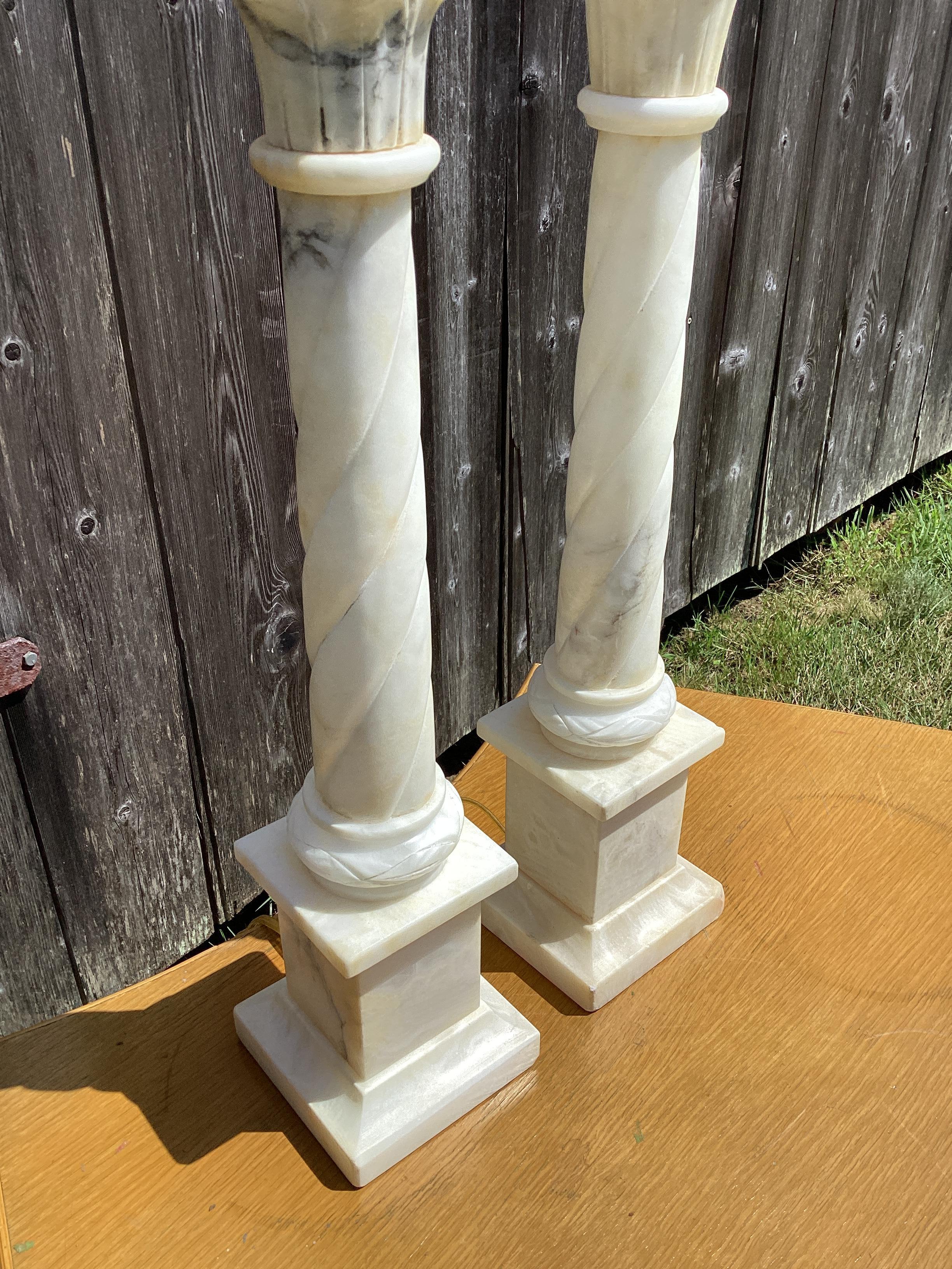 Mid-20th Century Pair of Italian Alabaster Column Lamps For Sale