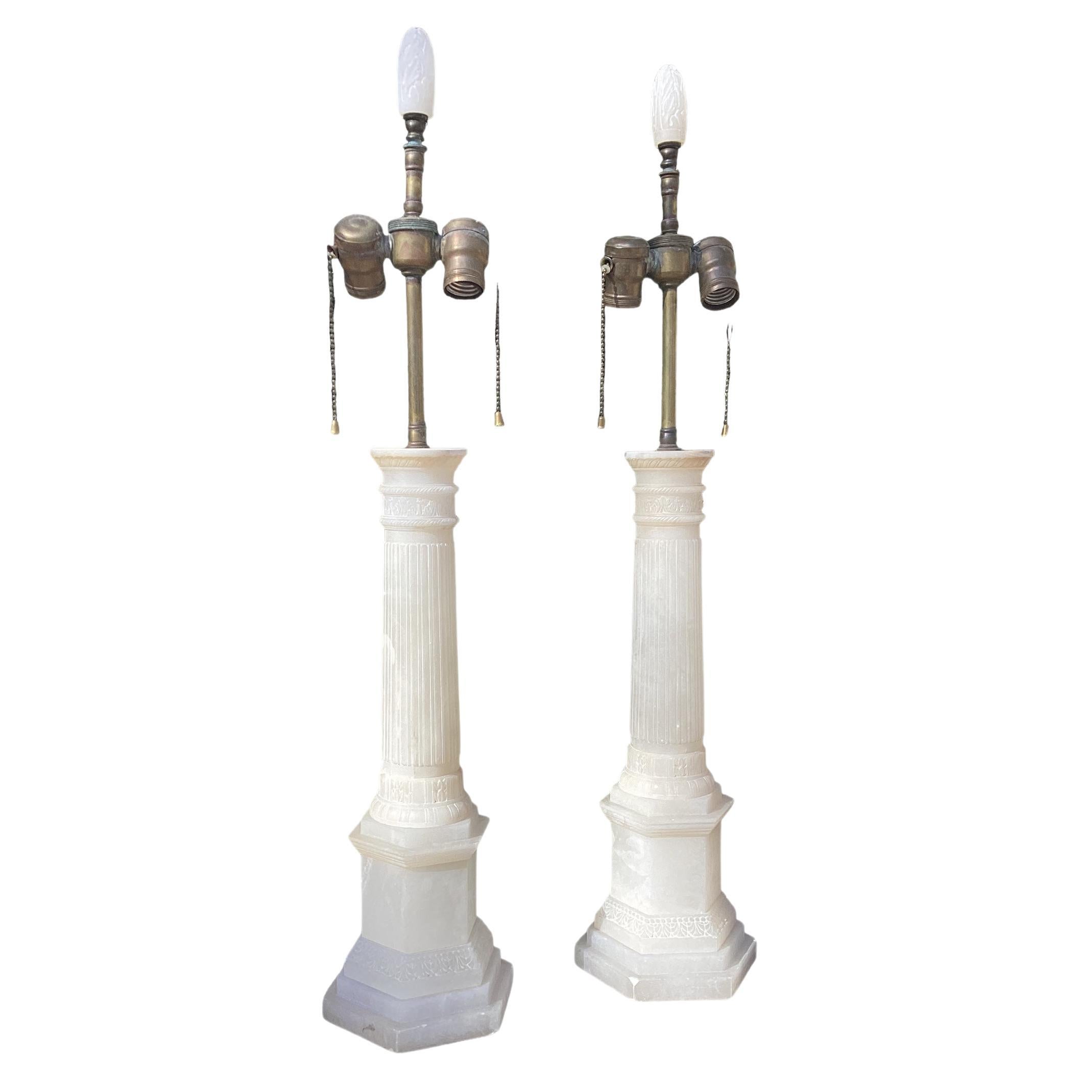 Pair of Italian Alabaster Column Lamps 