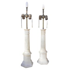 Antique Pair of Italian Alabaster Column Lamps 