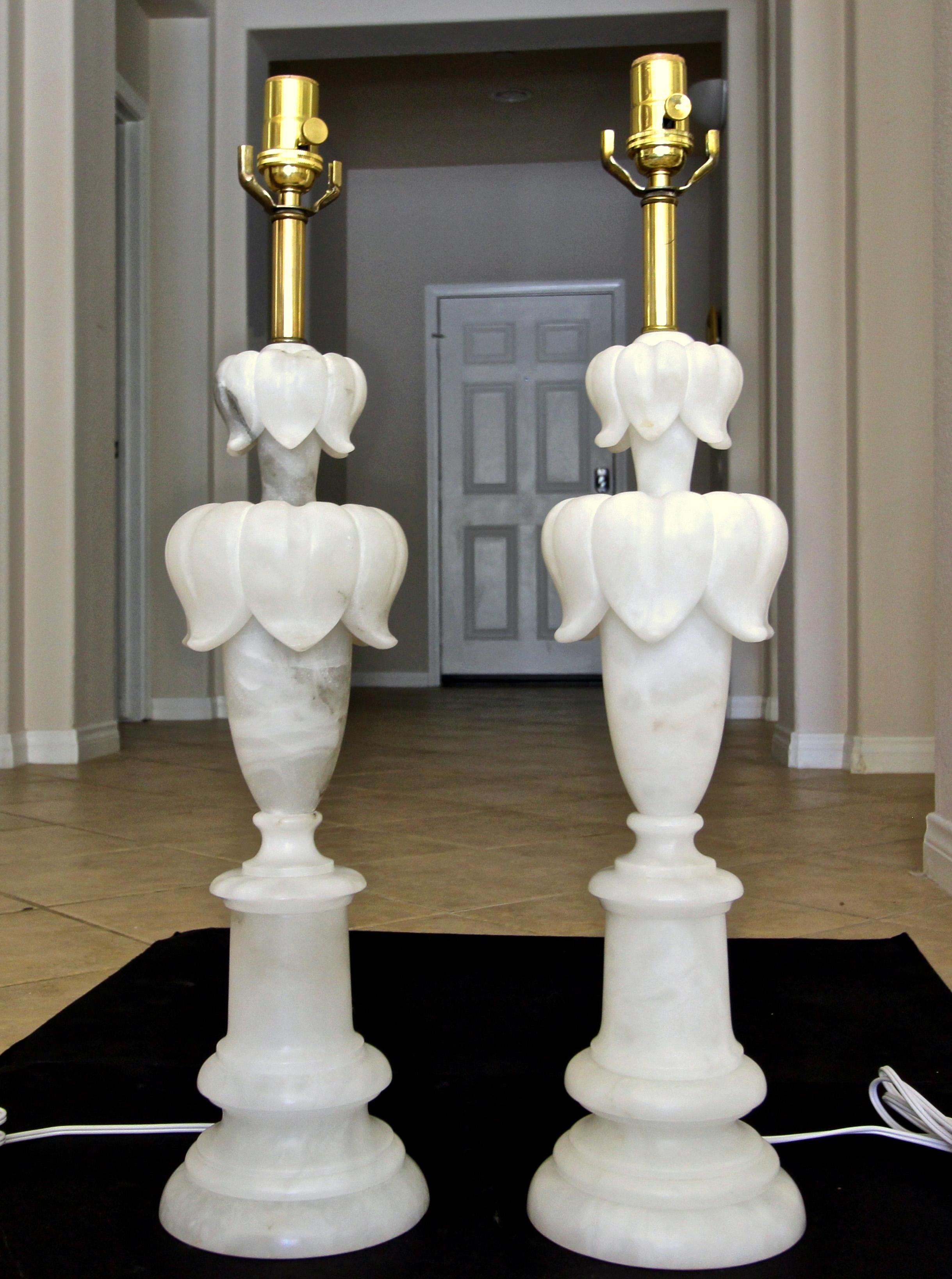 Pair of Italian Alabaster Flower Leaf Motif Table Lamps In Good Condition In Palm Springs, CA