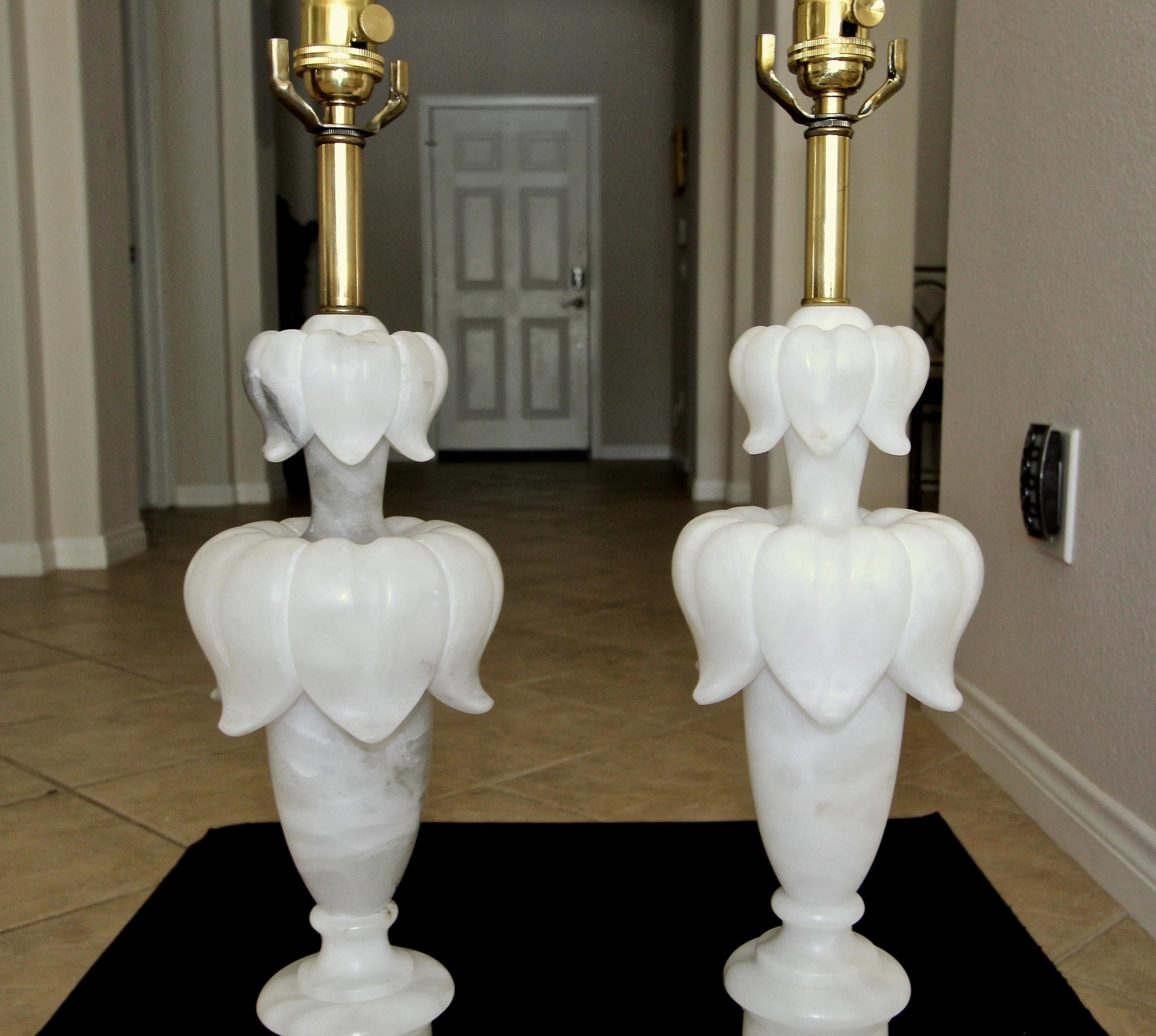 Pair of Italian Alabaster Flower Leaf Motif Table Lamps 1