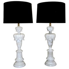 Pair of Italian Alabaster Flower Leaf Motif Table Lamps