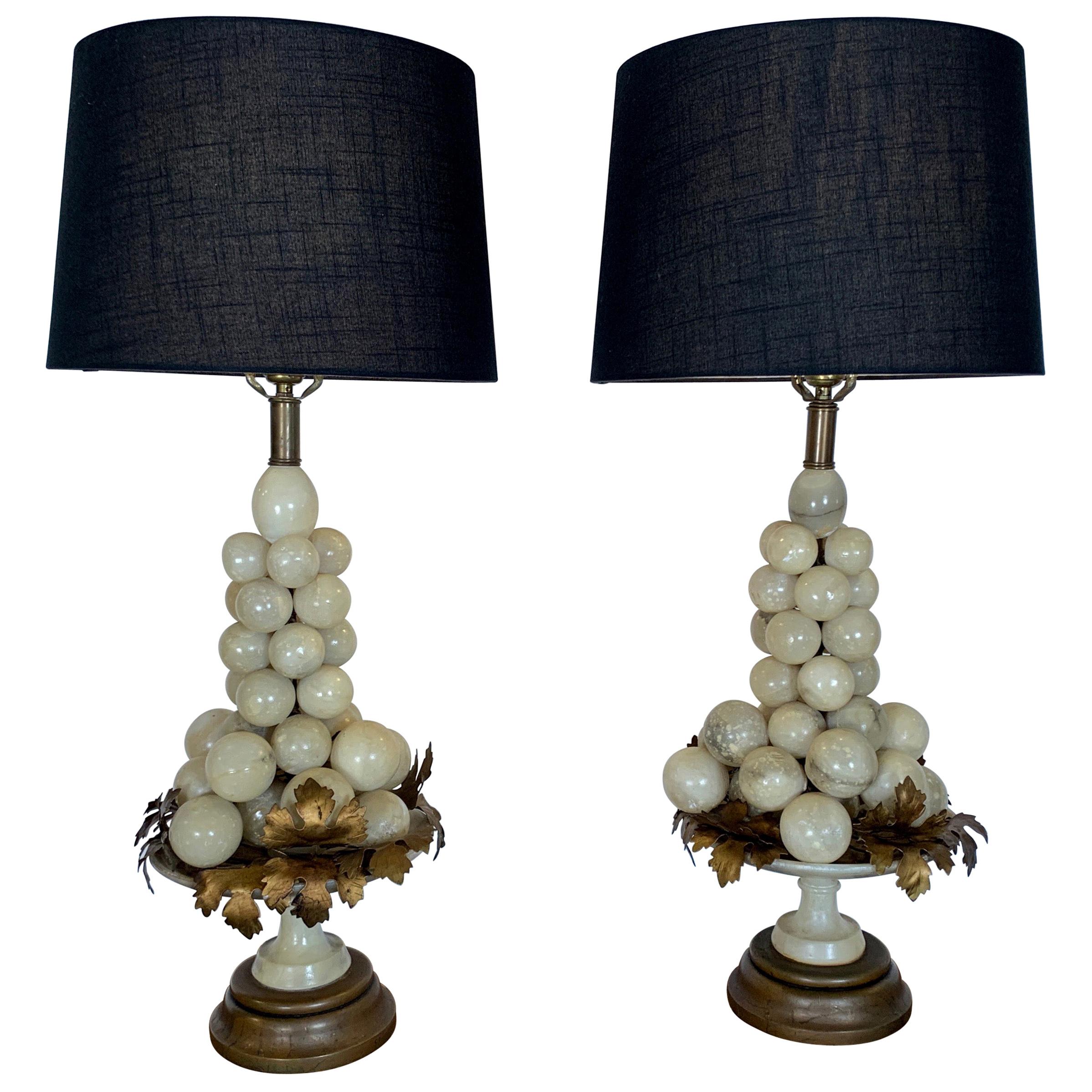 Pair of Italian Alabaster Grape Cluster Form Lamps