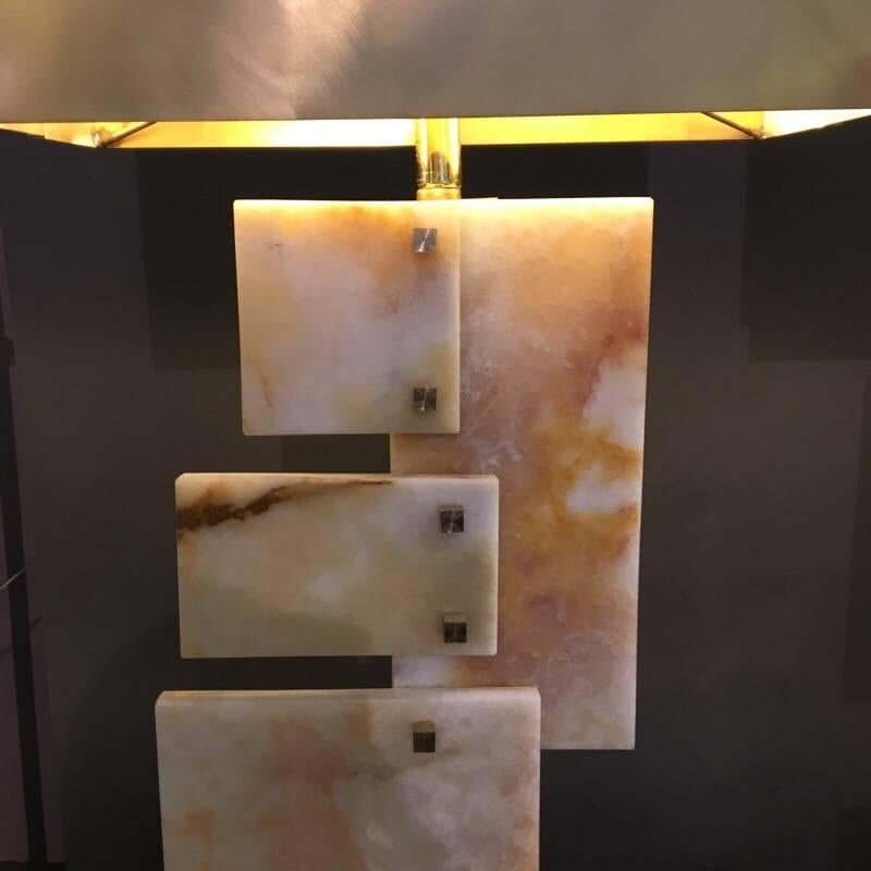 Modern Pair of Italian Alabaster Table Lamps, Rectangular Brass Lampshades, 1970s
