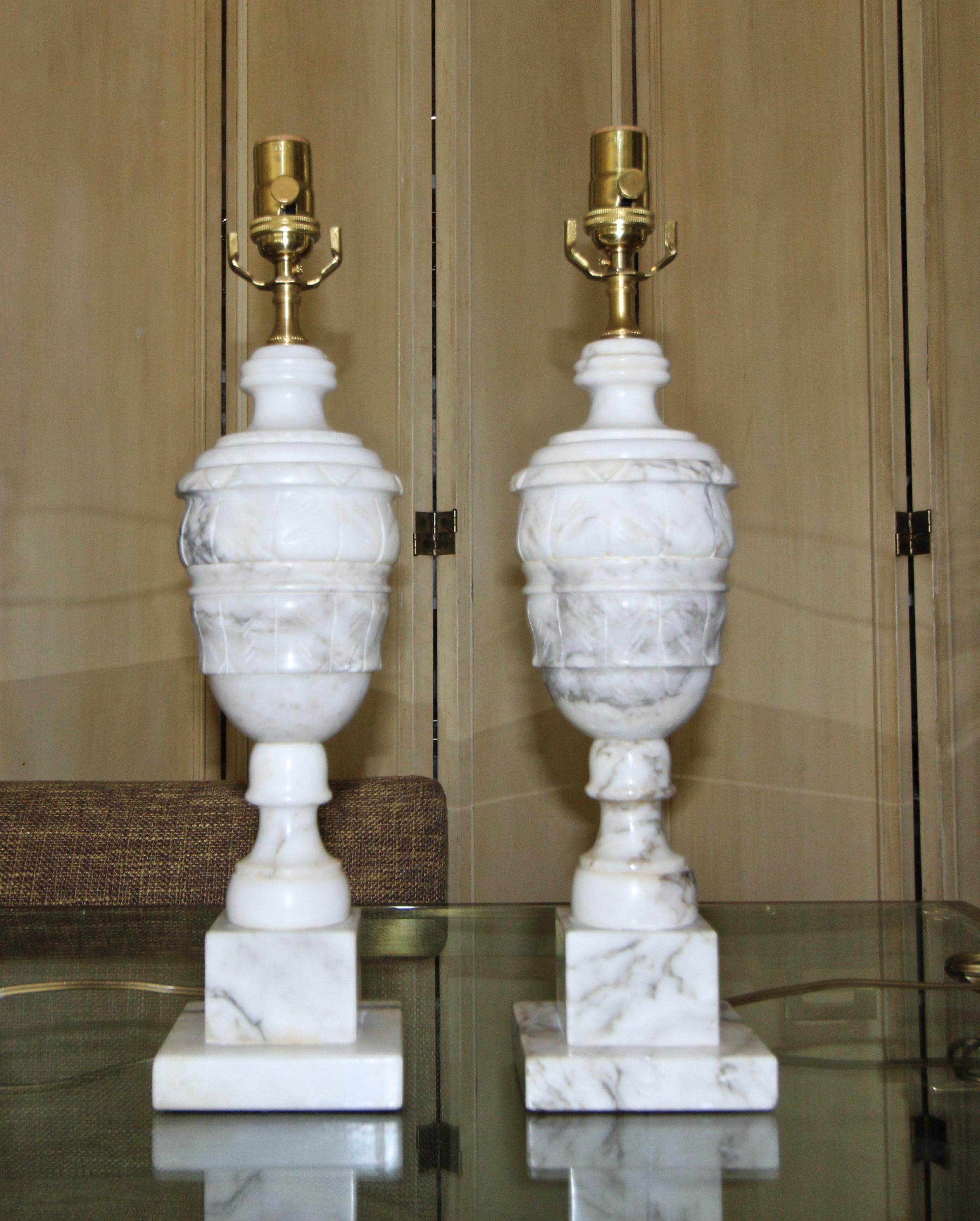 Pair of Italian Alabaster Urn Motif Table Lamps In Good Condition In Palm Springs, CA