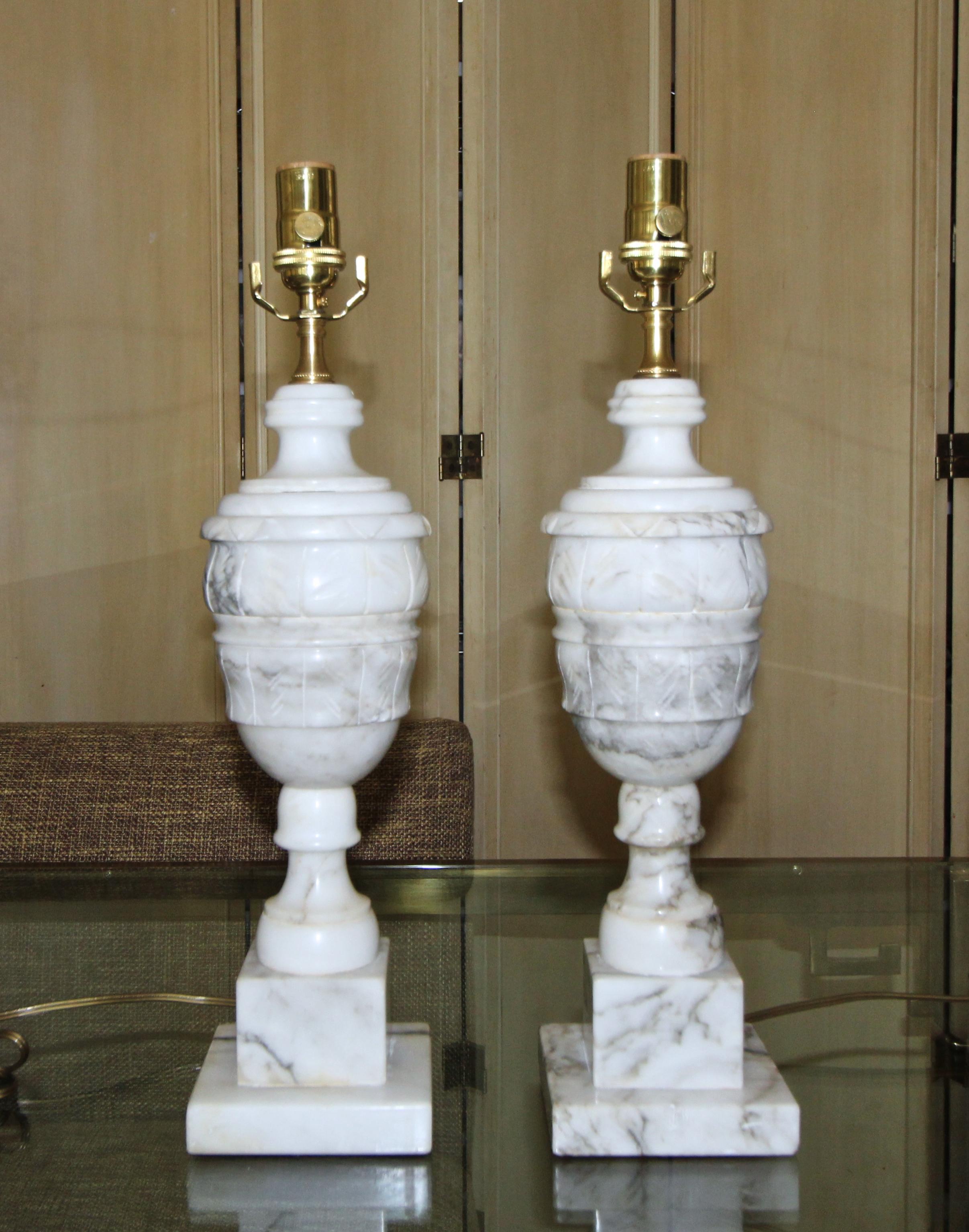 Mid-20th Century Pair of Italian Alabaster Urn Motif Table Lamps