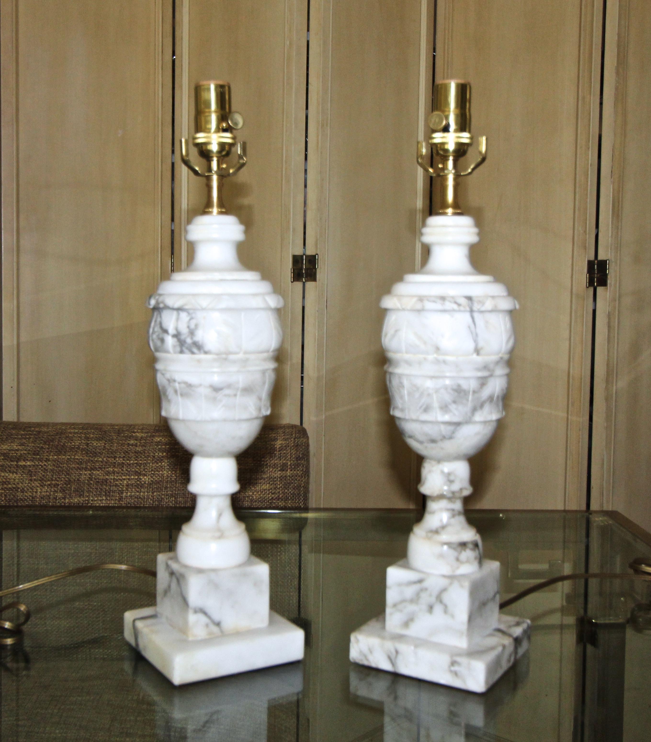 Brass Pair of Italian Alabaster Urn Motif Table Lamps