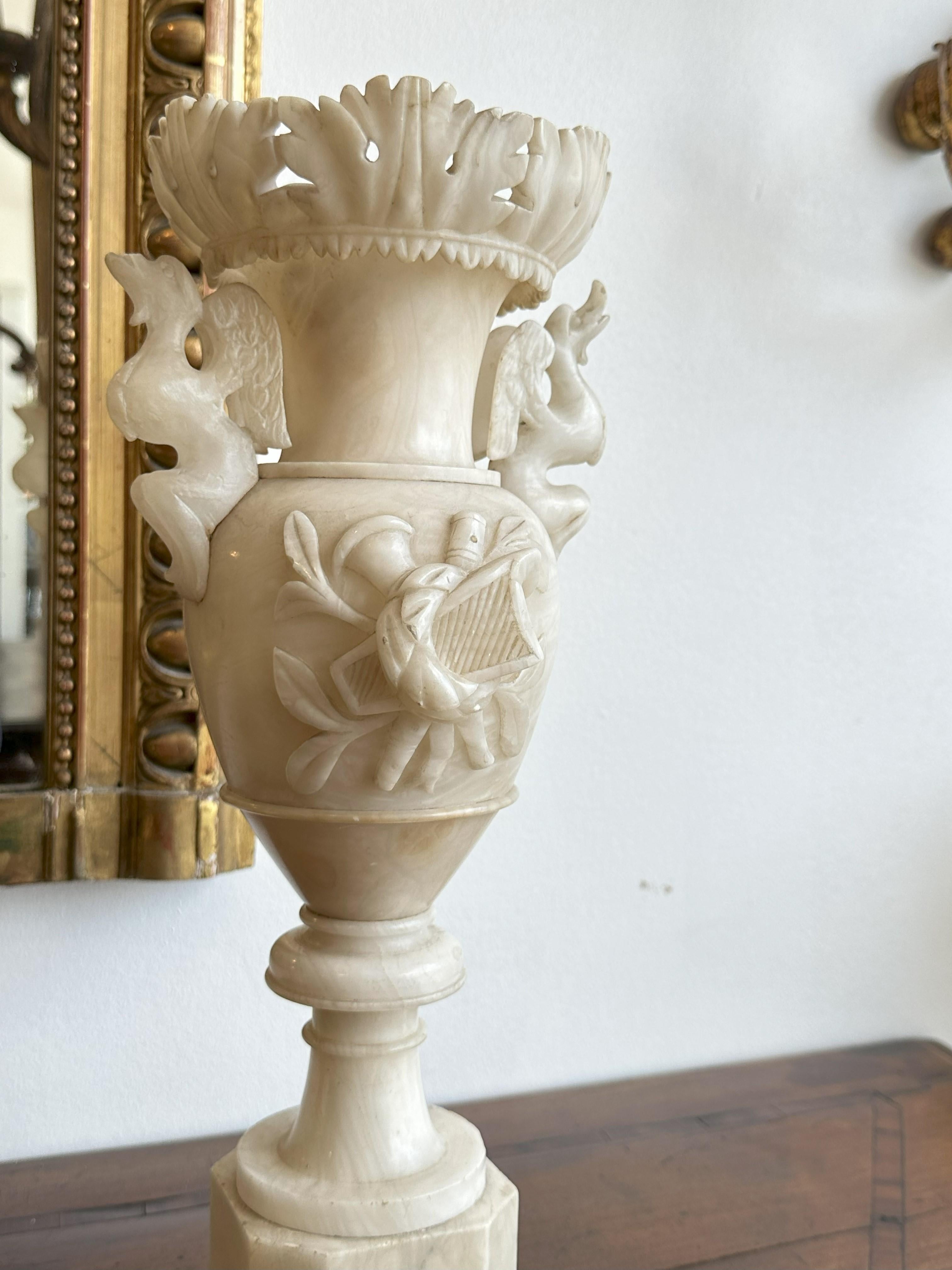 Carved Pair of Italian Alabaster Urns, circa 1800 For Sale