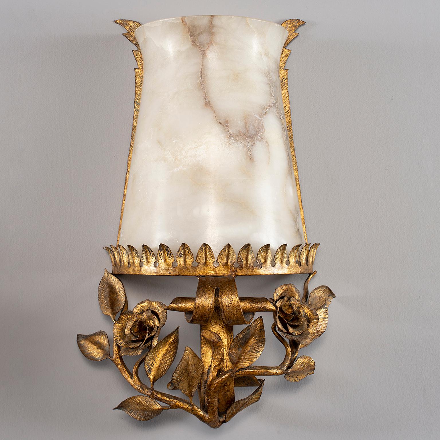 Pair of Italian Alabaster Wall Sconces with Gilt Metal Bases 7