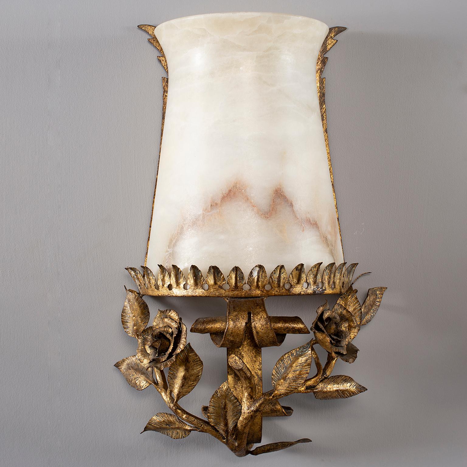 Pair of Italian Alabaster Wall Sconces with Gilt Metal Bases 8