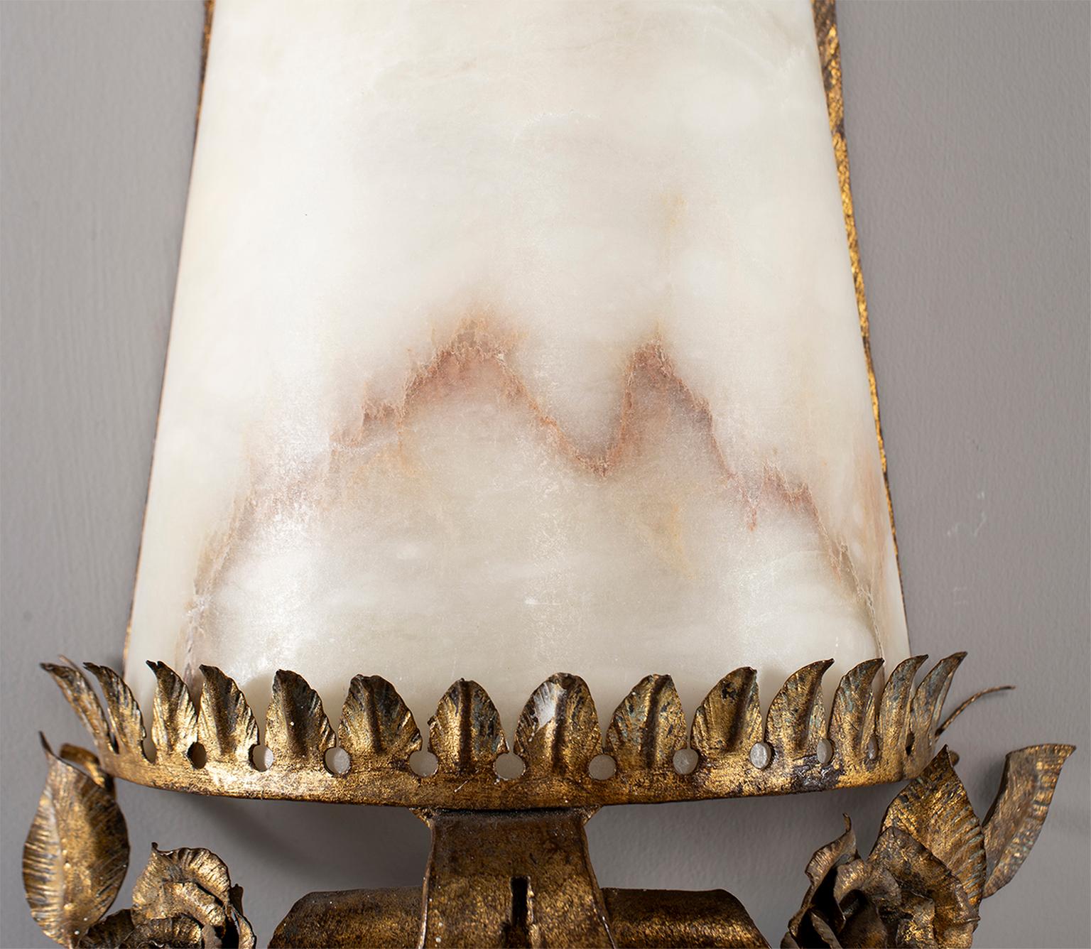Pair of Italian Alabaster Wall Sconces with Gilt Metal Bases 2