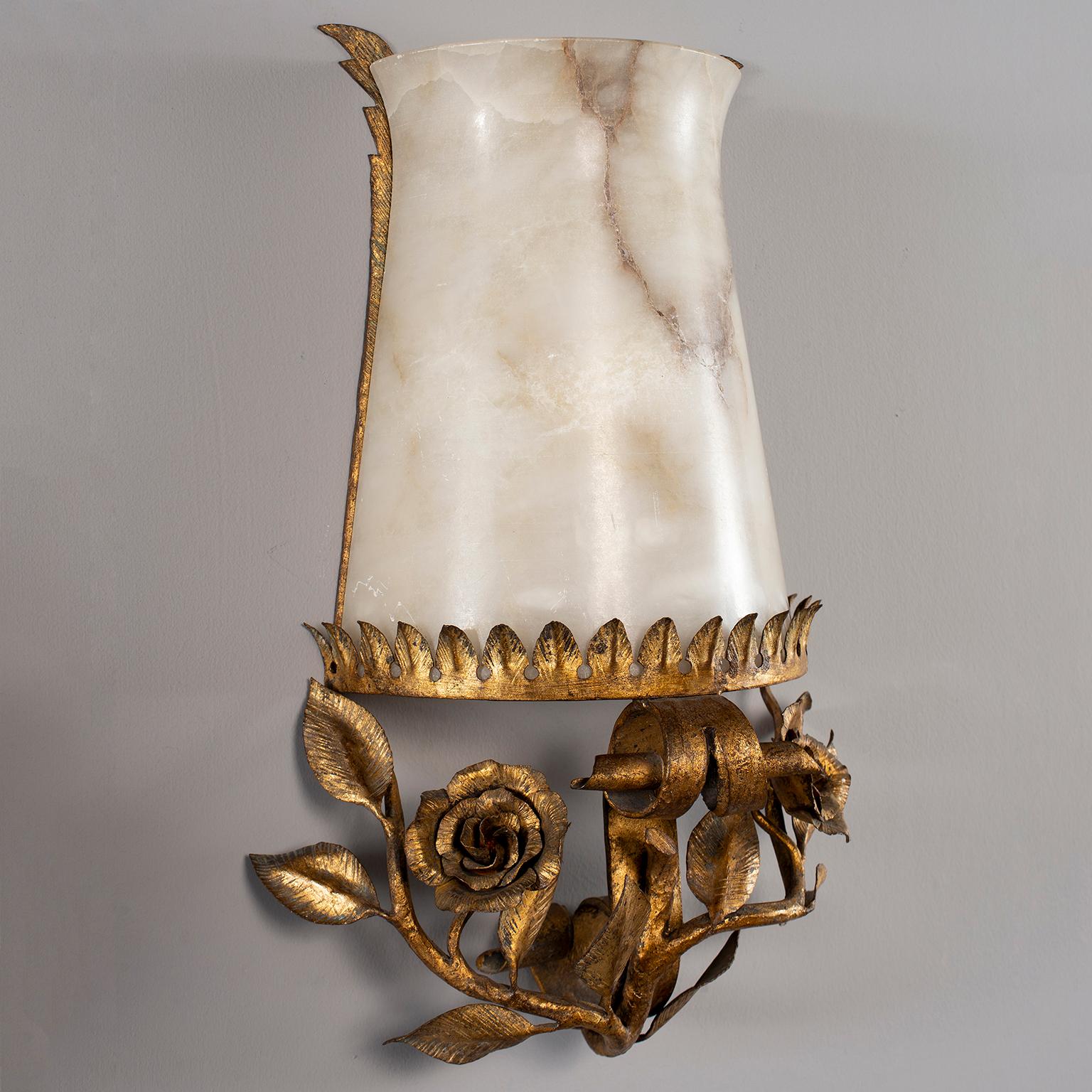 Pair of Italian Alabaster Wall Sconces with Gilt Metal Bases 5