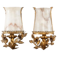 Pair of Italian Alabaster Wall Sconces with Gilt Metal Bases