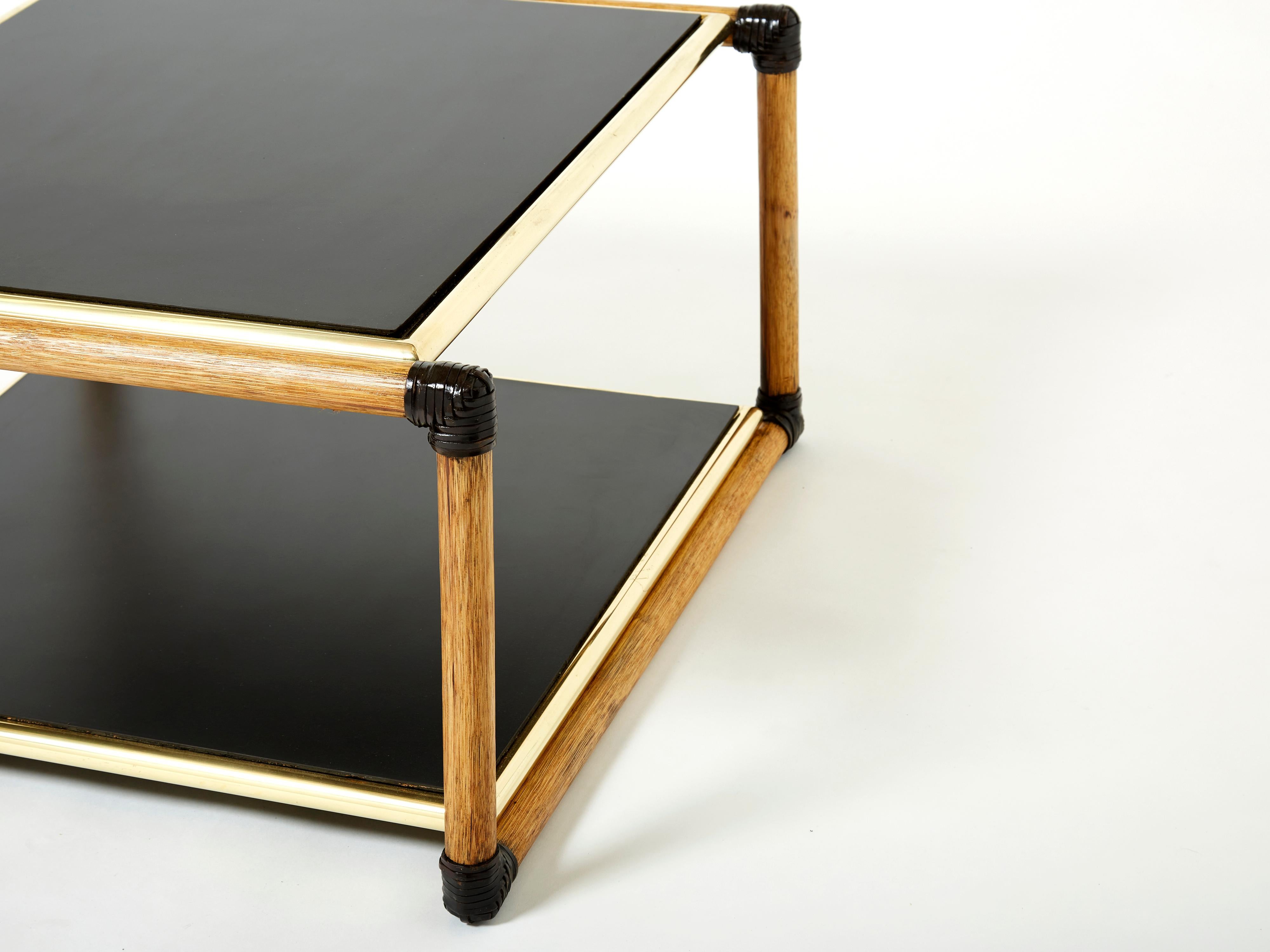Pair of Italian Alberto Smania bamboo brass black wood side tables 1970s For Sale 3