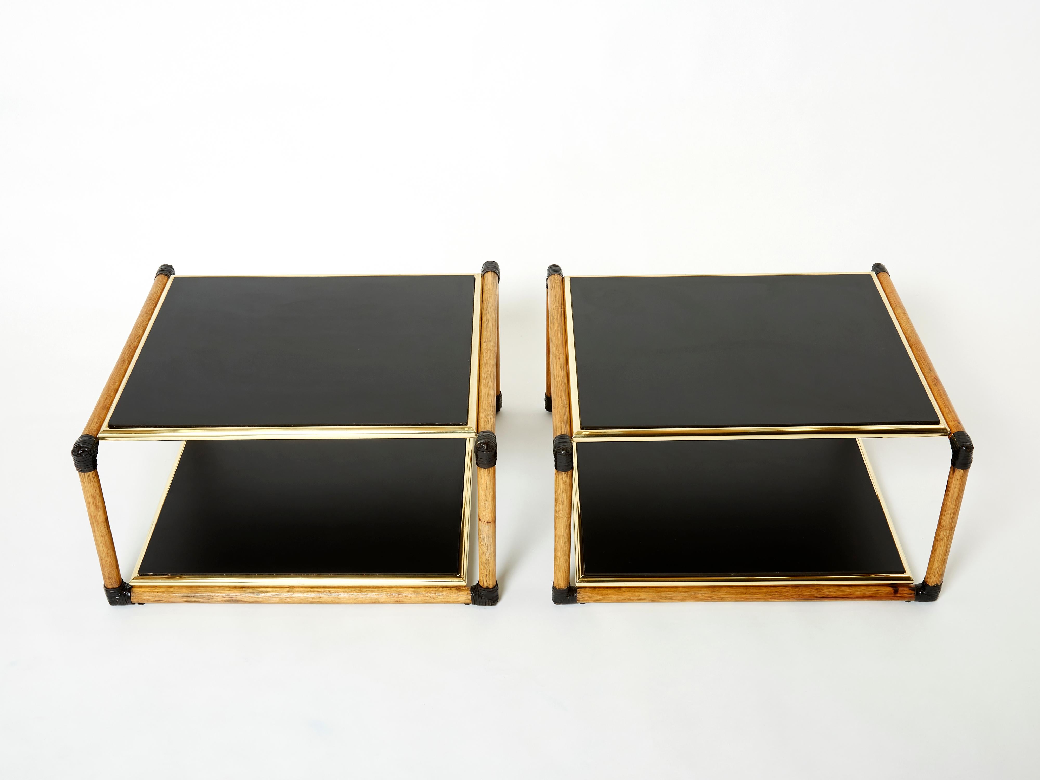 Pair of Italian Alberto Smania bamboo brass black wood side tables 1970s For Sale 5