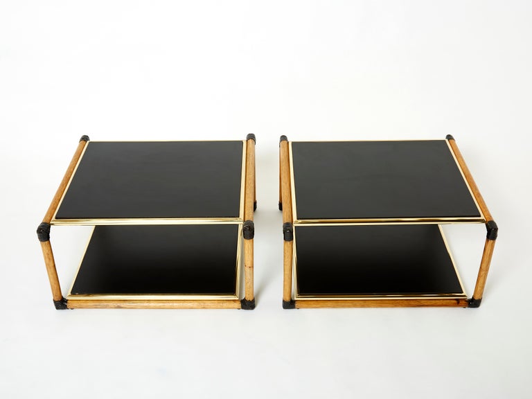 Pair of Italian Alberto Smania bamboo brass black wood side tables 1970s For Sale 6