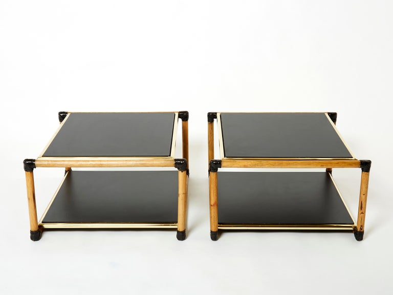 Pair of Italian Alberto Smania bamboo brass black wood side tables 1970s For Sale 7