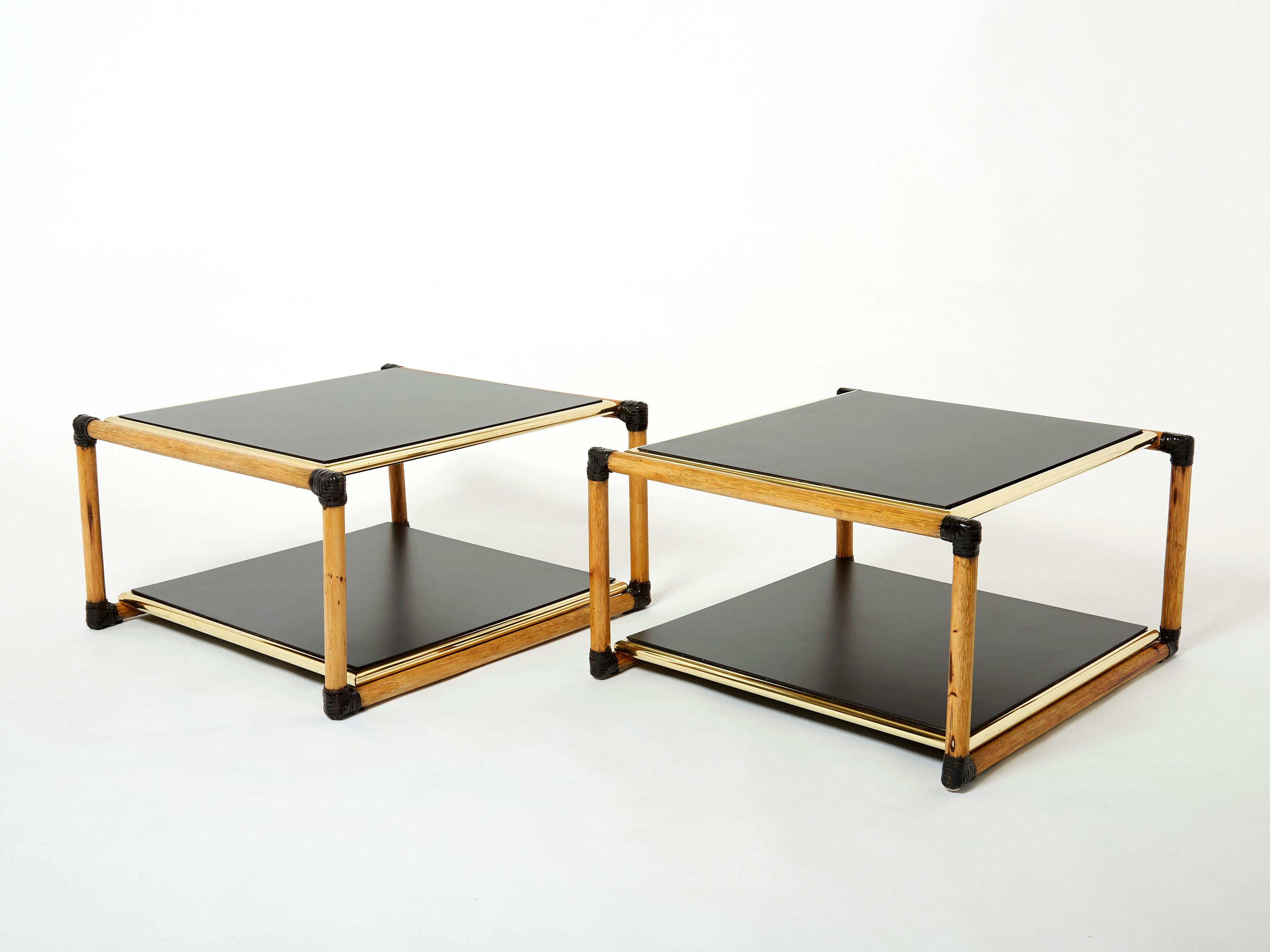 Pair of Italian Alberto Smania bamboo brass black wood side tables 1970s For Sale 8