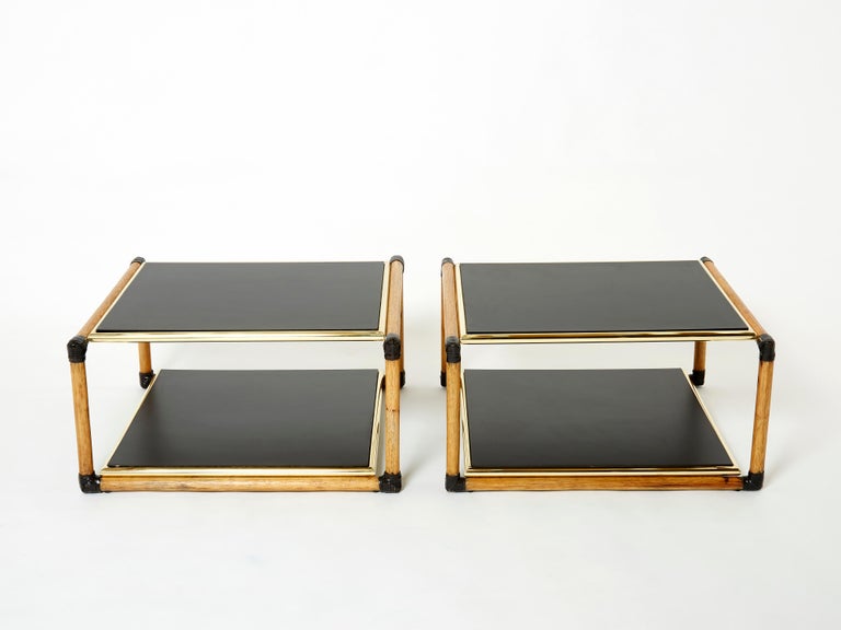 Mid-Century Modern Pair of Italian Alberto Smania bamboo brass black wood side tables 1970s For Sale