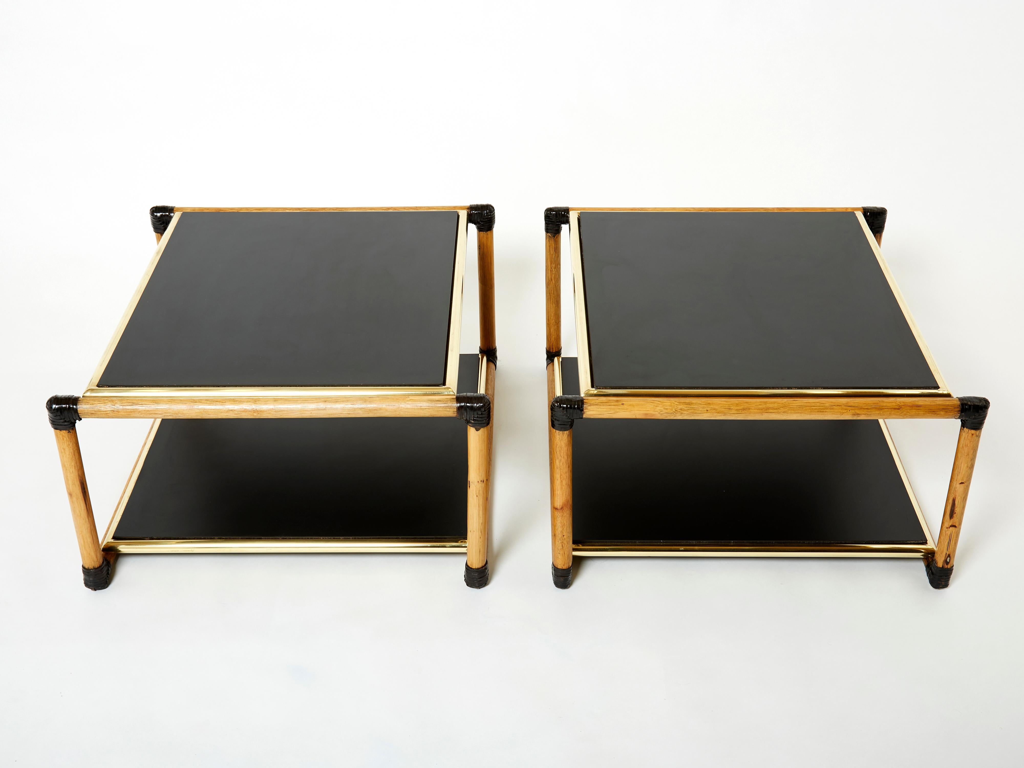 Late 20th Century Pair of Italian Alberto Smania bamboo brass black wood side tables 1970s For Sale