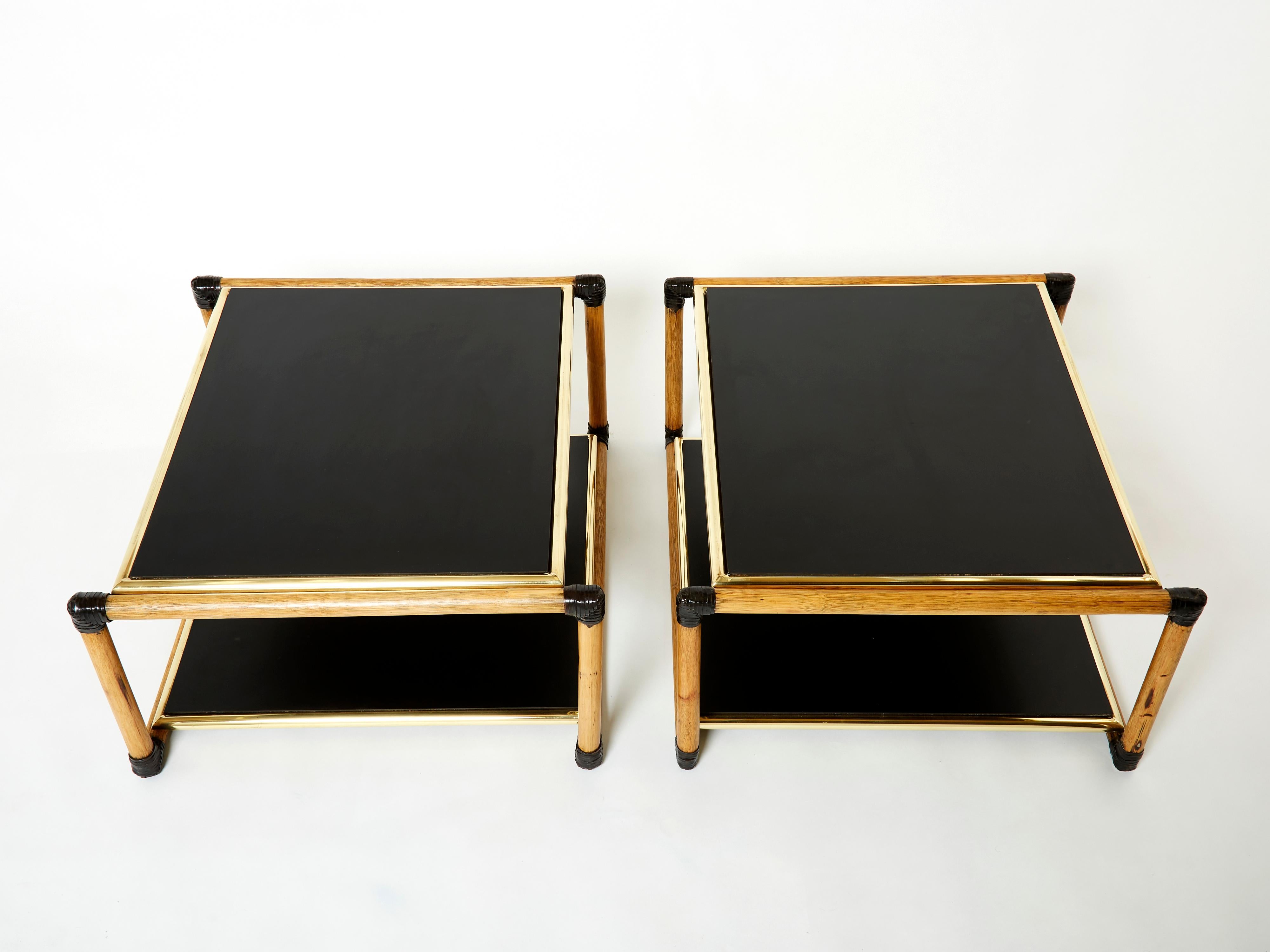 Brass Pair of Italian Alberto Smania bamboo brass black wood side tables 1970s For Sale