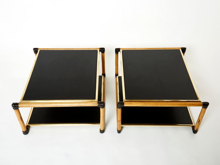 Pair of Italian Alberto Smania bamboo brass black wood side tables 1970s For Sale 1