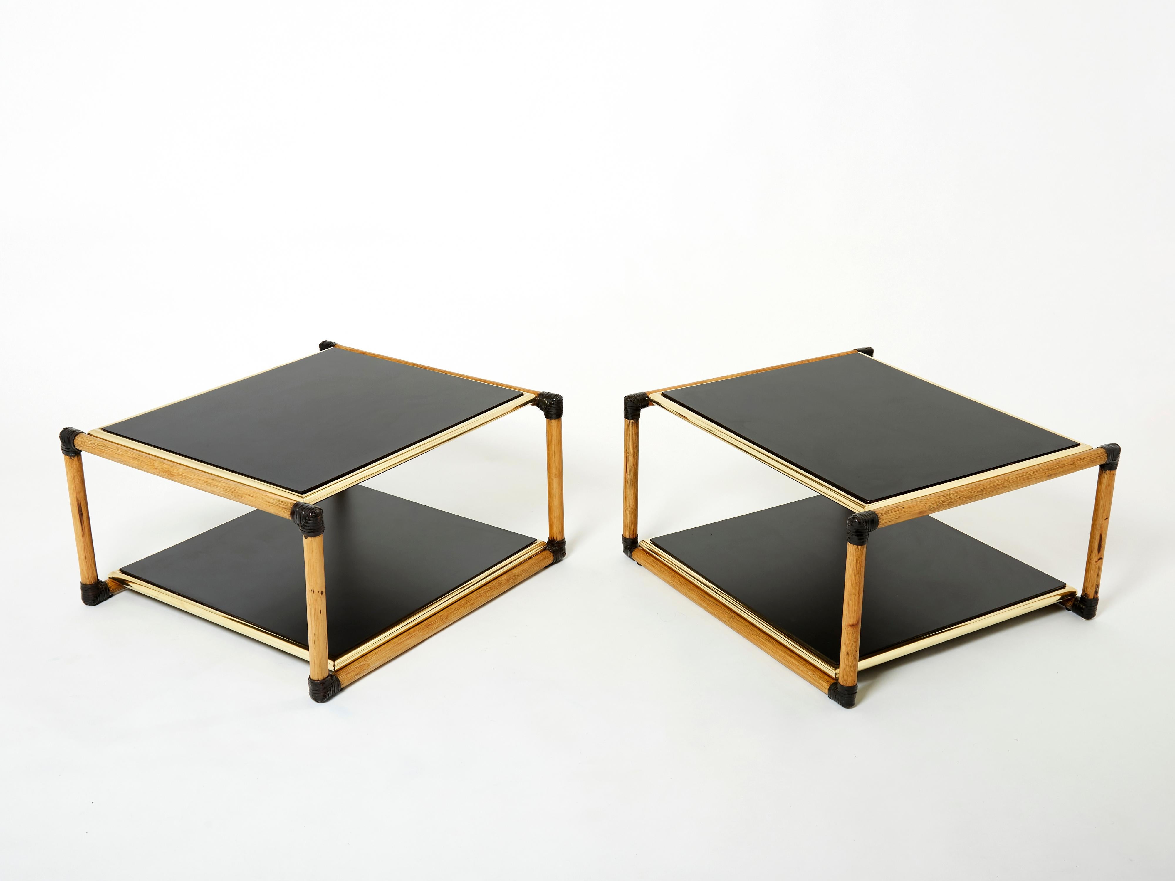 Pair of Italian Alberto Smania bamboo brass black wood side tables 1970s For Sale 1