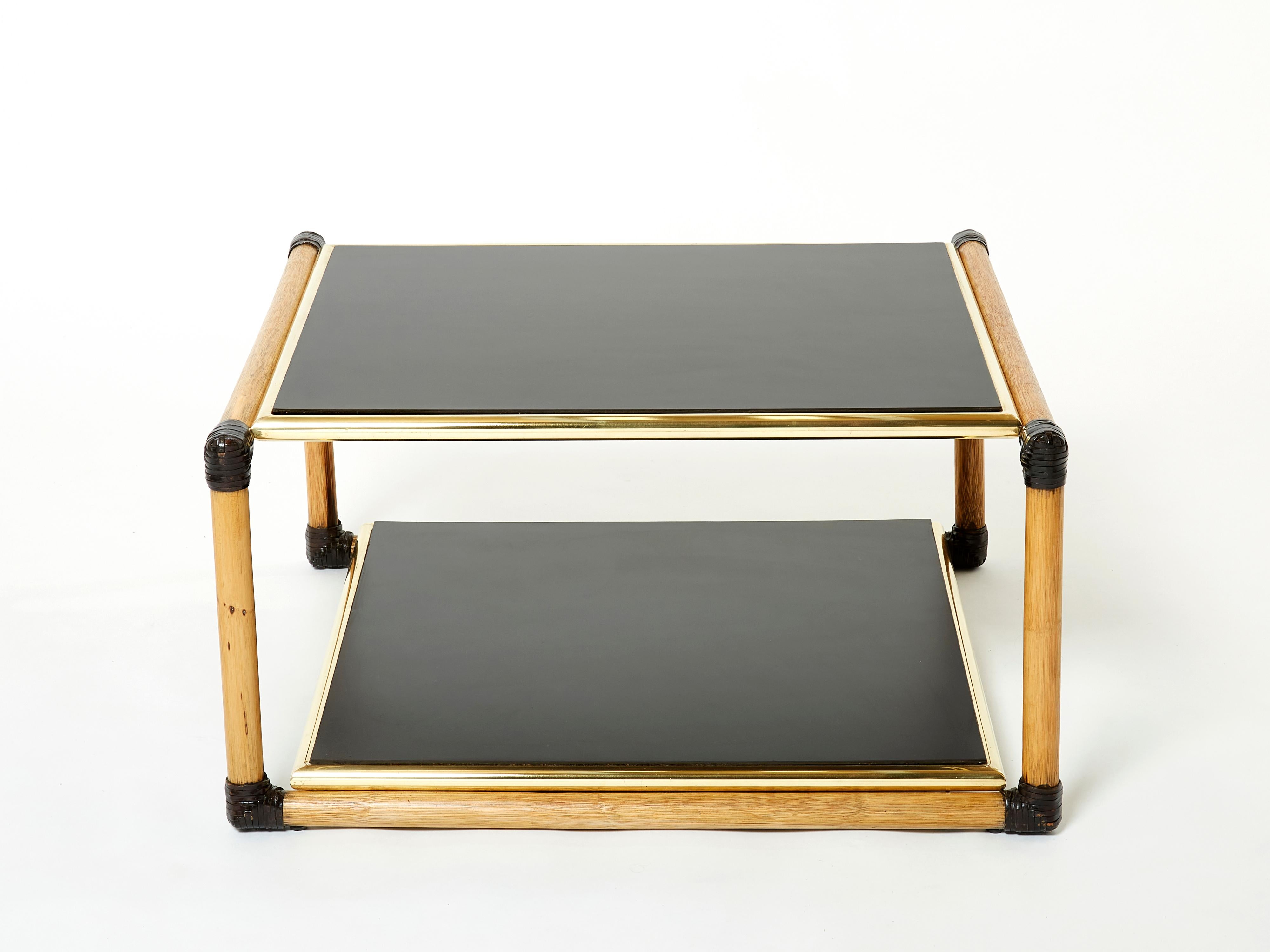 Pair of Italian Alberto Smania bamboo brass black wood side tables 1970s For Sale 2
