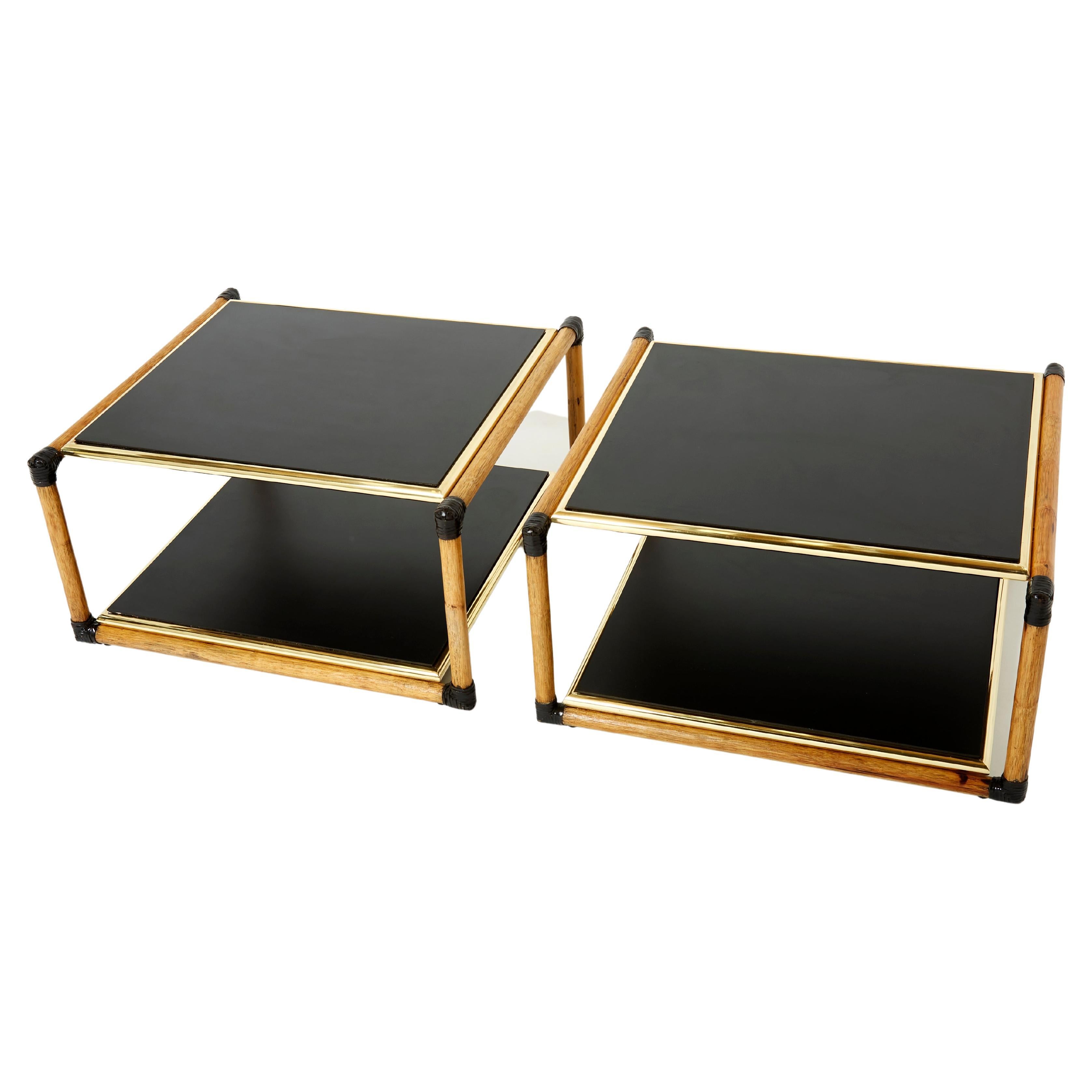 Pair of Italian Alberto Smania bamboo brass black wood side tables 1970s For Sale