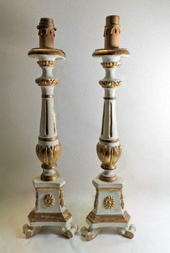 Pair of Italian Altar Candelabra in Carved Wood, Lacquered and Gilded