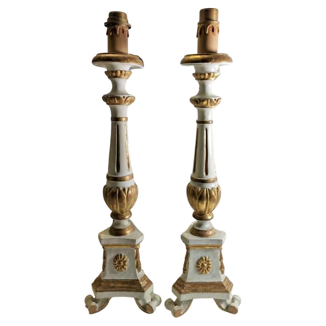 Pair of Italian Altar Candelabra in Carved Wood, Lacquered and Gilded