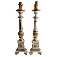 Antique Pair of Italian Altar Candelabra in Carved Wood, Lacquered and Gilded