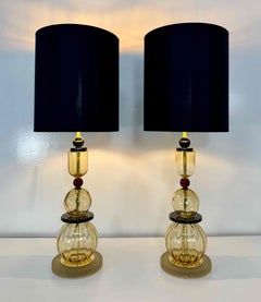 Pair of Italian Amber, Burgundy and Black Murano Glass Table Lamps