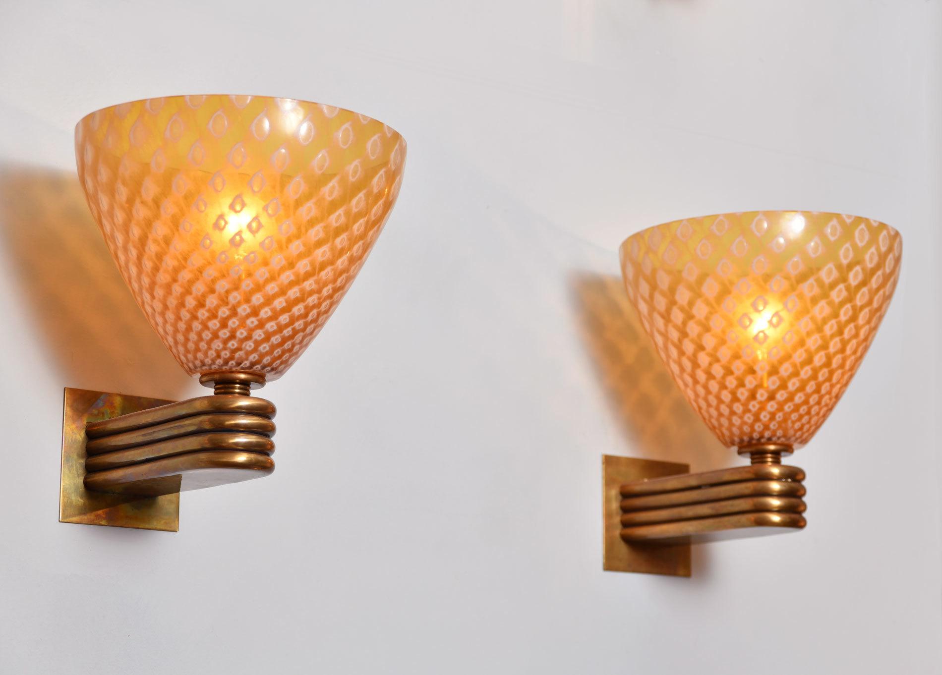 Brass Pair of Italian Amber 'Caramella' Wall Lights