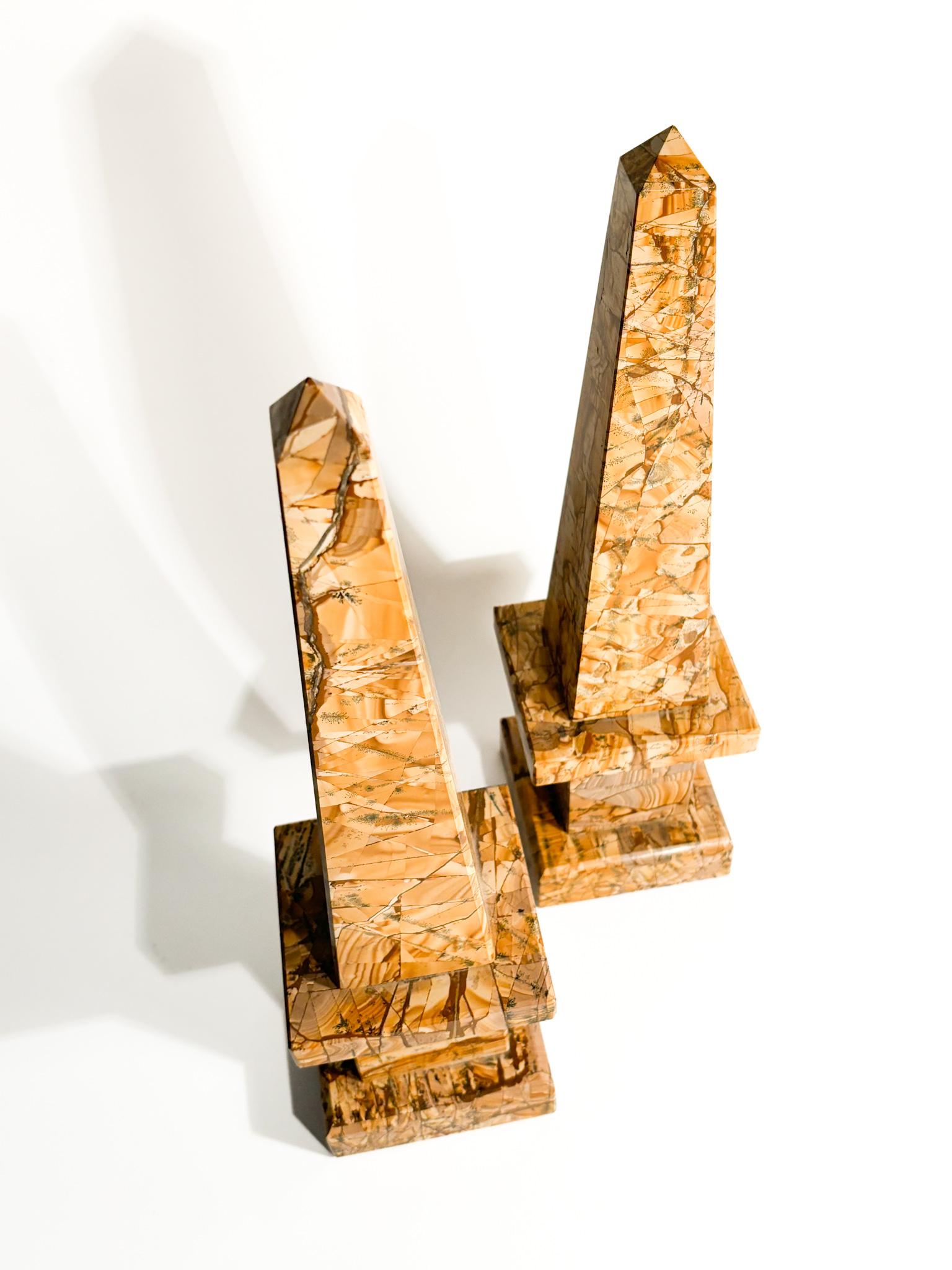 Mid-20th Century Pair of Italian Amber Marble Obelisks from the 1960s For Sale