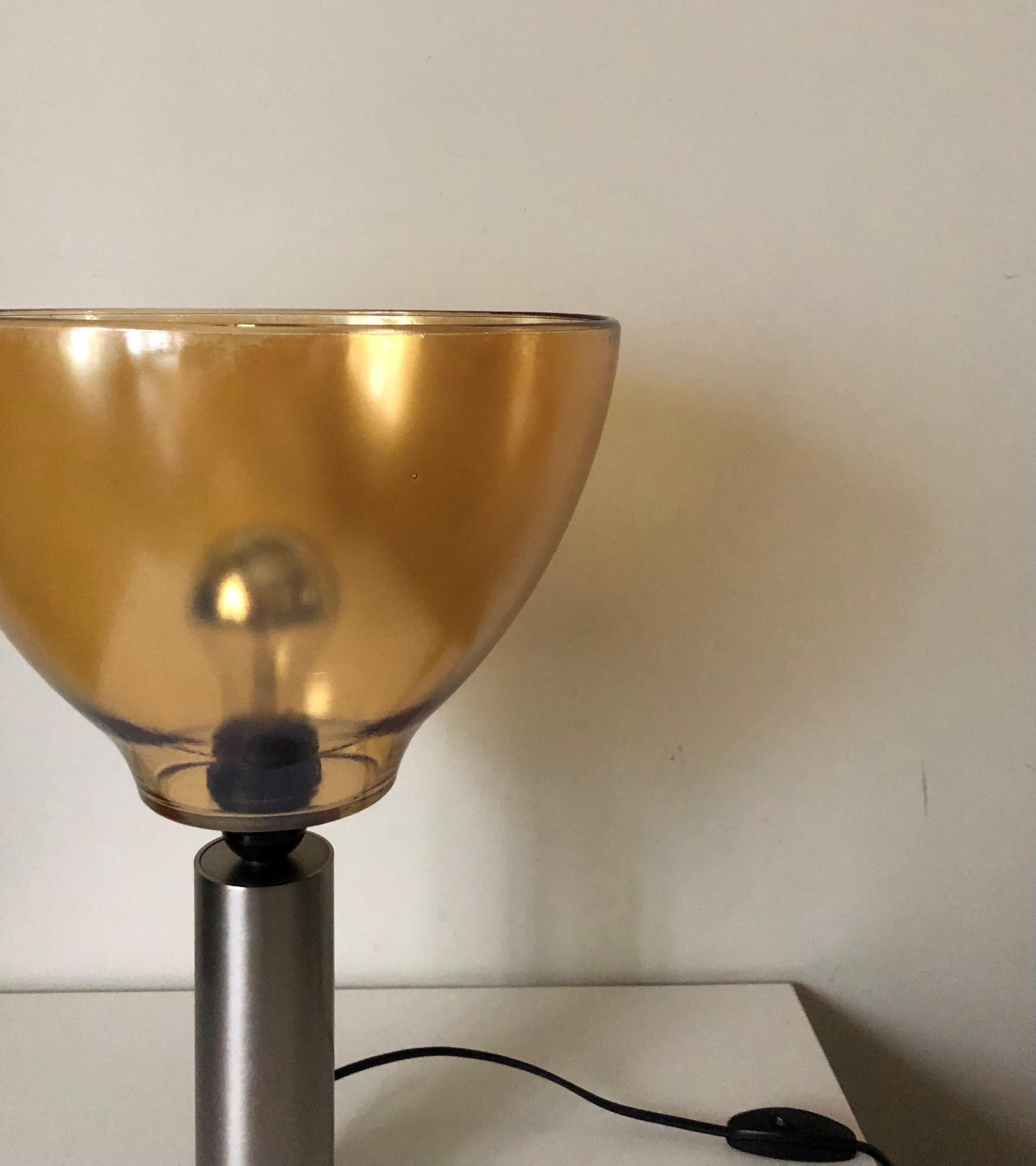 Metal Pair of Italian Amber Murano Glass Table Lamps, 1980s