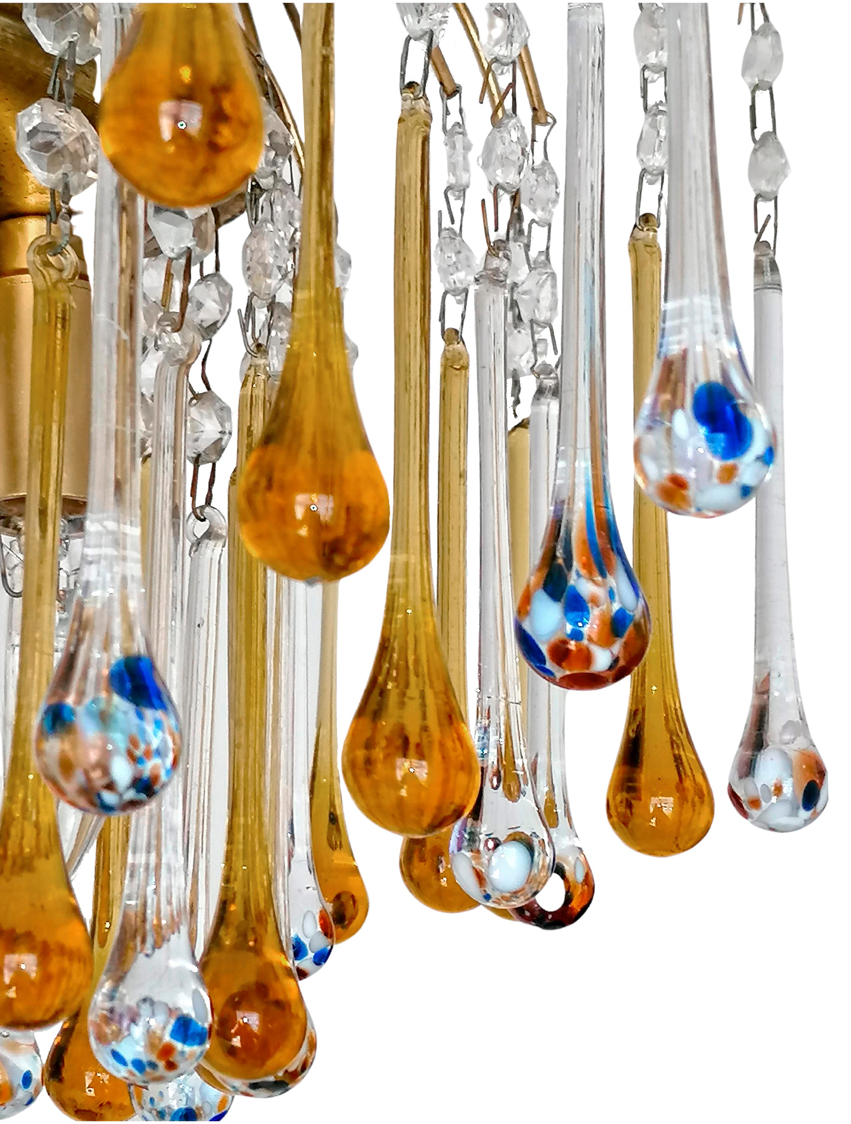 Pair of Italian Amber & Polychrome Murano Crystal Teardrop Waterfall Chandeliers For Sale 3