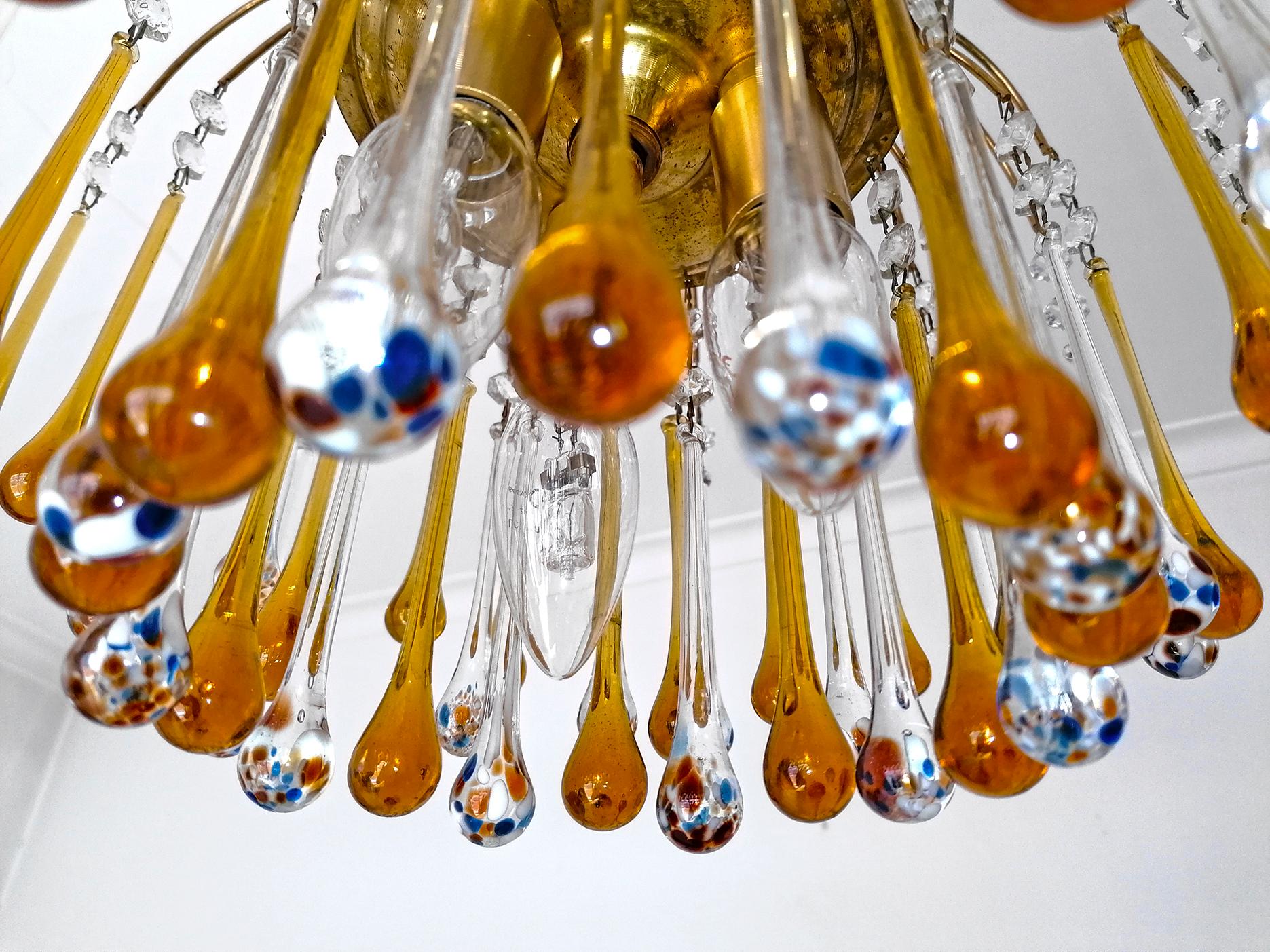 Pair of Italian Amber & Polychrome Murano Crystal Teardrop Waterfall Chandeliers For Sale 4