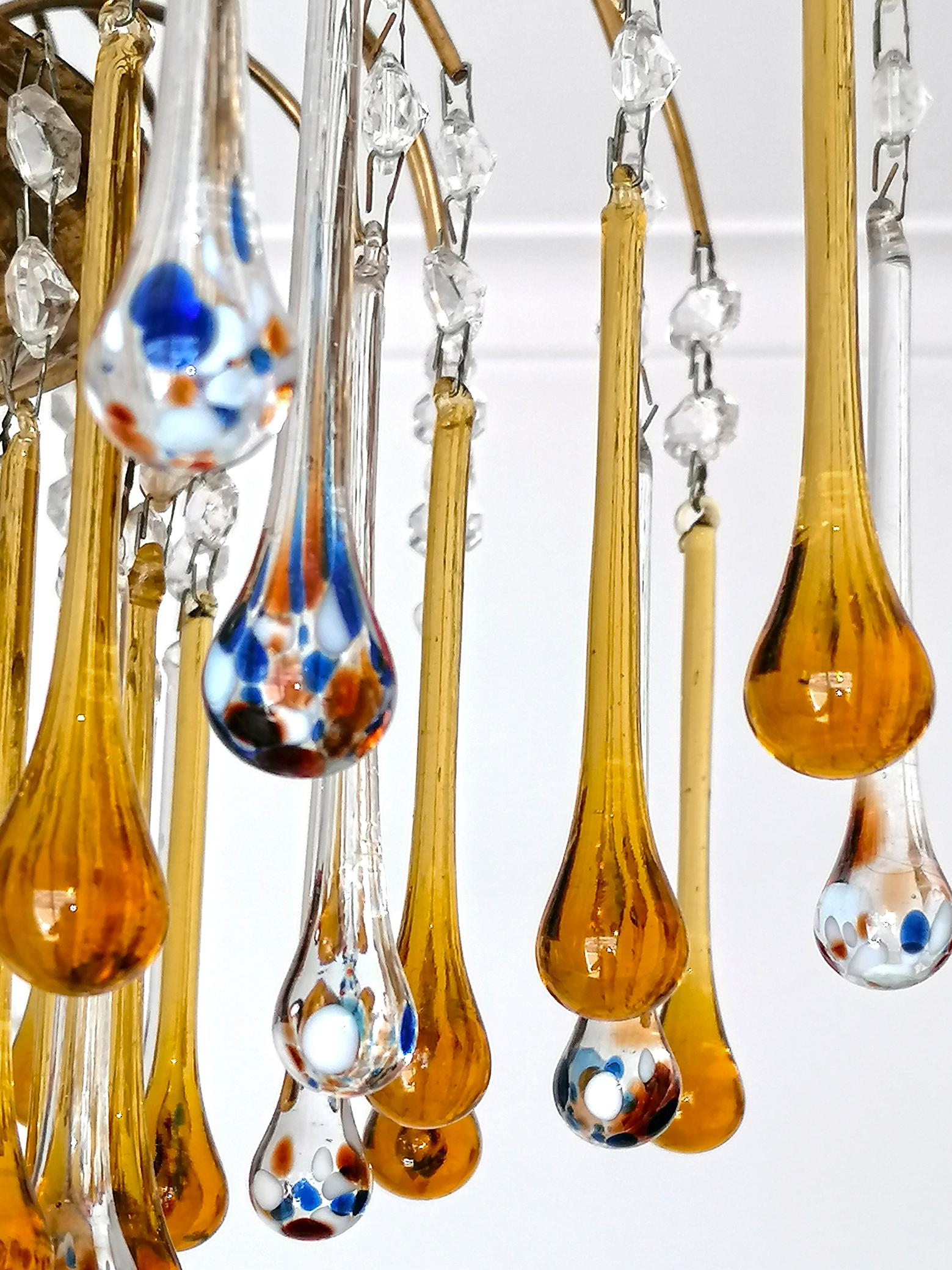 Pair of Italian Amber & Polychrome Murano Crystal Teardrop Waterfall Chandeliers For Sale 5