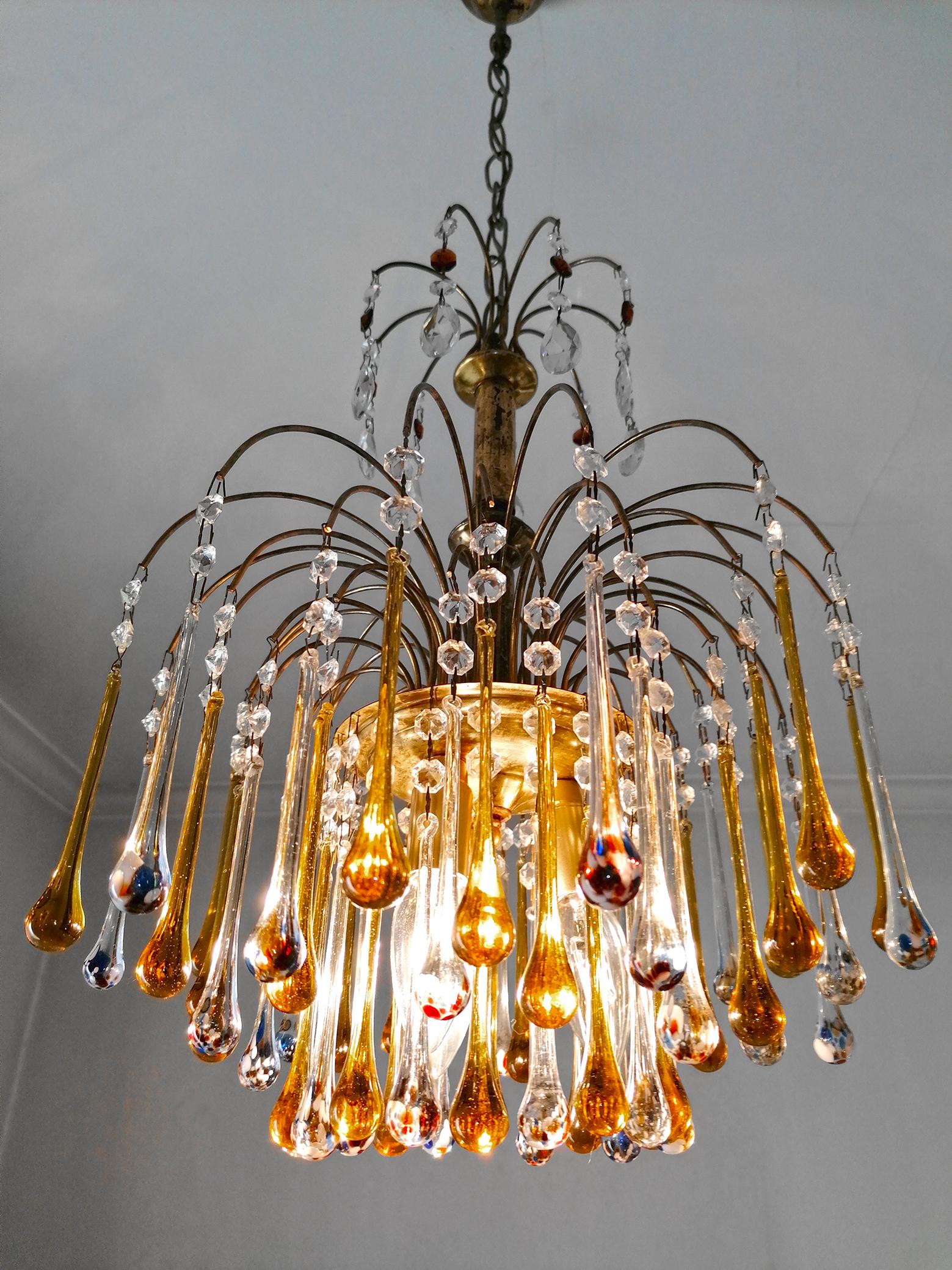 Pair of Italian Amber & Polychrome Murano Crystal Teardrop Waterfall Chandeliers For Sale 6