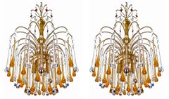 Pair of Italian Amber & Polychrome Murano Crystal Teardrop Waterfall Chandeliers